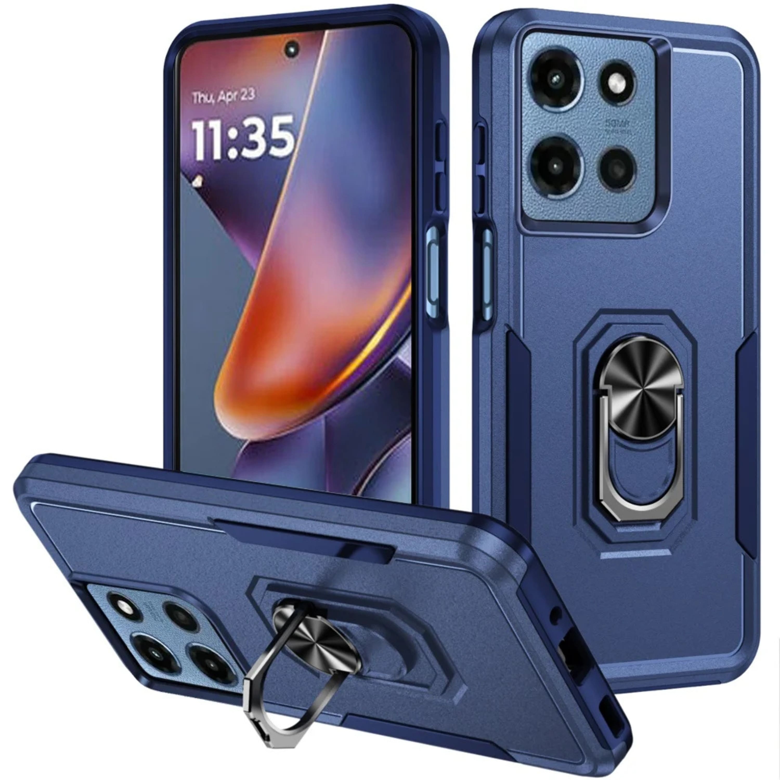 Kitcheniva - Hard Outer Shell Soft Inner Rubber Phone Case With Metal Ring Stand Tempered Glass For Moto G 2025/2026/G Play 2026 - Blue price history on PriceWatchPro