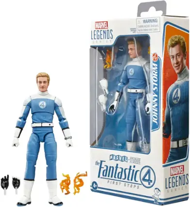 The image features a box containing a Marvel Legends action figure of the Fantastic Four's Mr. Fantastic. The box also contains a small dragon figure, which is part of the Fantastic Four Legends series. The warning on the box indicates that the small parts may pose a choking hazard and should not be given to children under the age of 3. The box is designed to be opened by removing the plastic cover, revealing the action figure and the dragon figure inside.