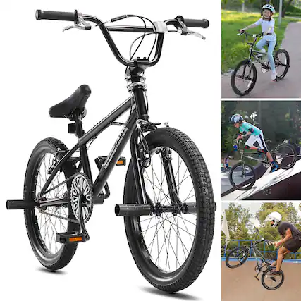 Front. VEVOR - BMX Bike, 20-Inch Wheel Freestyle Bike, BMX Race Bike with 360° Rotor and 4 Pegs, Beginner-Level BMX to Advanced Riders - Black.