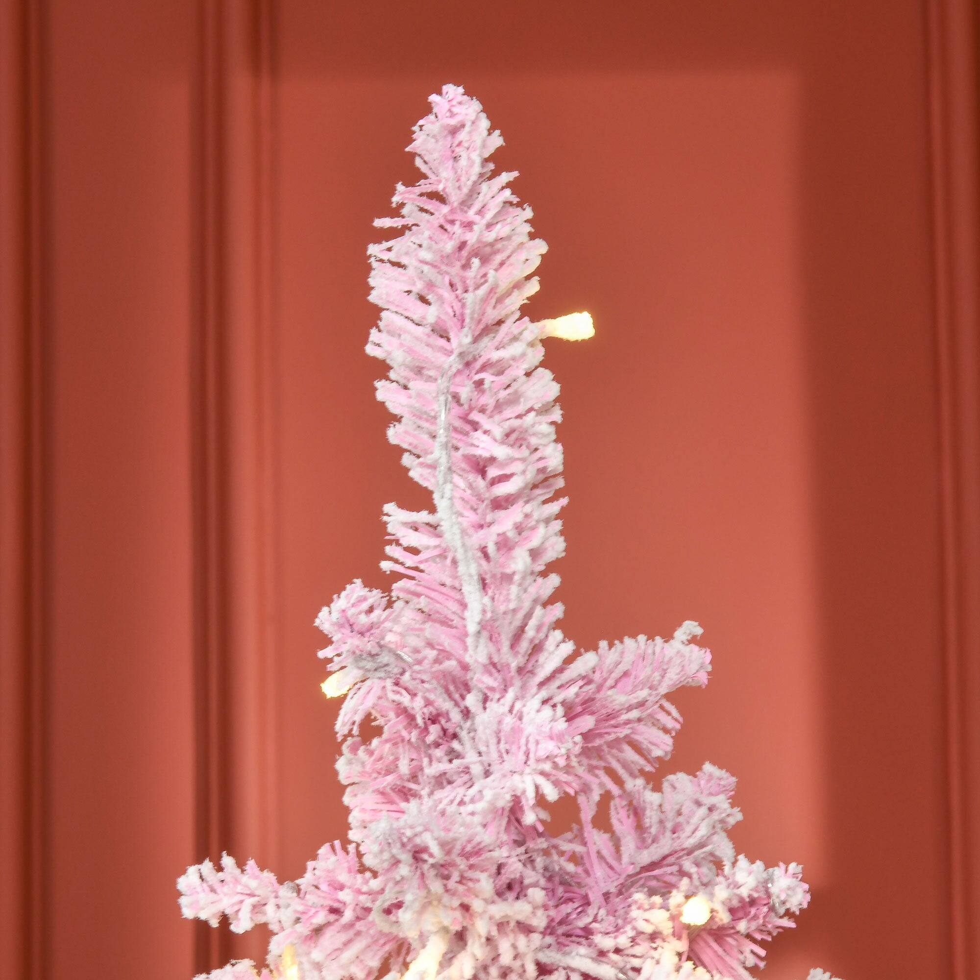 Back. BreeBe - 6ft Prelit Snow Flocked Artificial Christmas Tree with Pencil Shape - Pink.