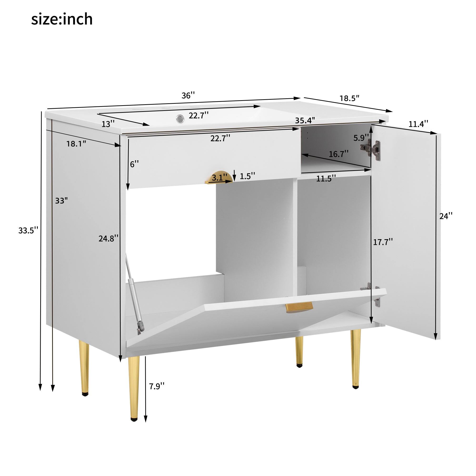 size:inch  
36" 18.5" 18.1" 13" 6" 22.7" 22.7" 3.1" 1.5" 35.4" 5.9" 16.7" 11.5" 11.4" 33" 33.5" 24.8" 17.7" 24" 7.9"