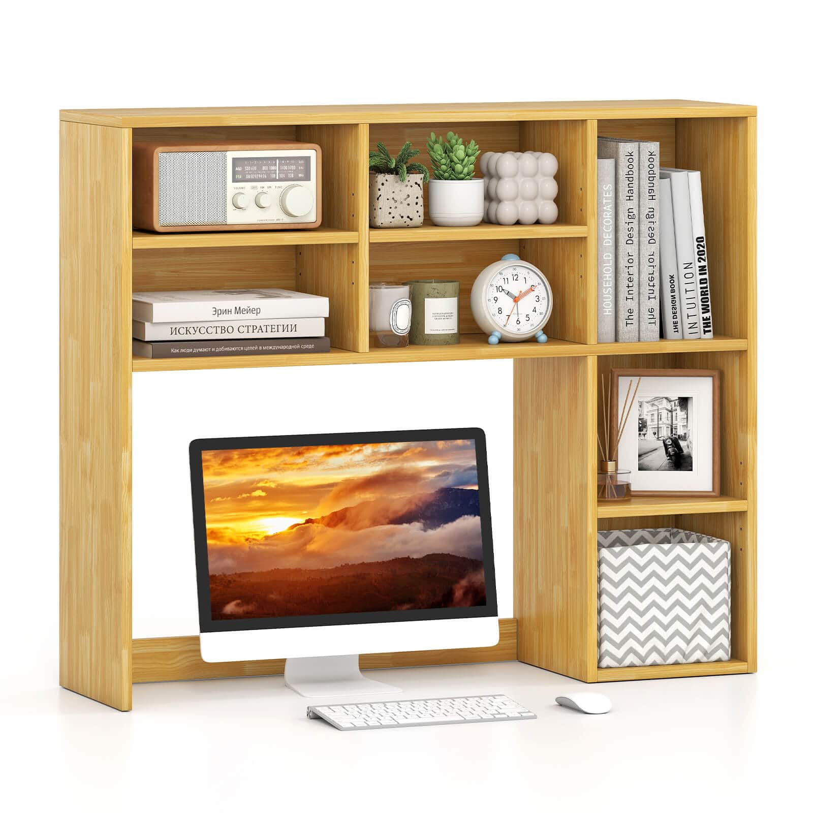 Costway - Desktop Bookshelf with 7 Open Cubbies & 3 Adjustable Shelves for Home Office Dorm - Beige