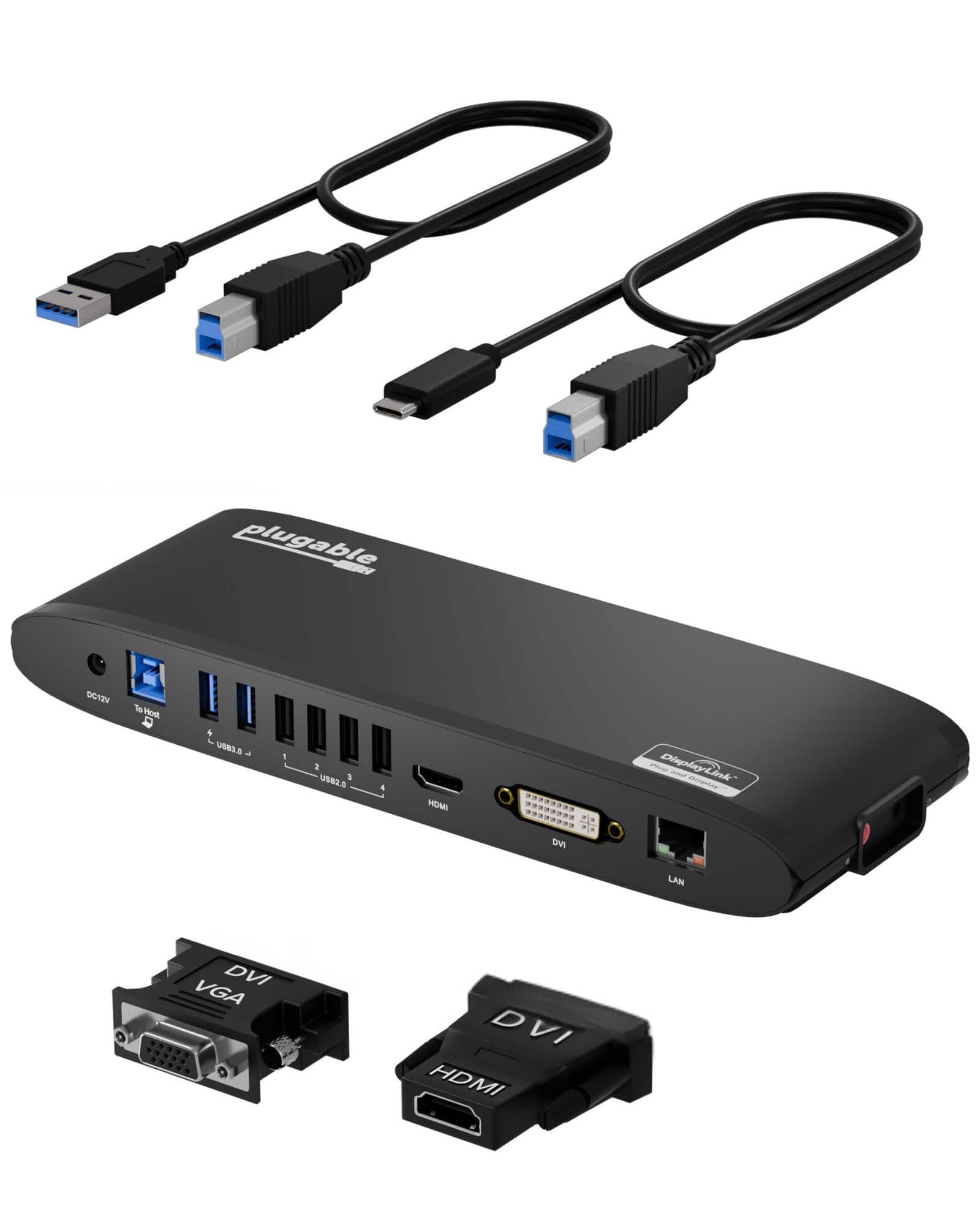 plugable DC-in USB3.0 - 1 2 3 4 USB3.0 - DisplayLink - LAN DVI VGA DVI HDMI