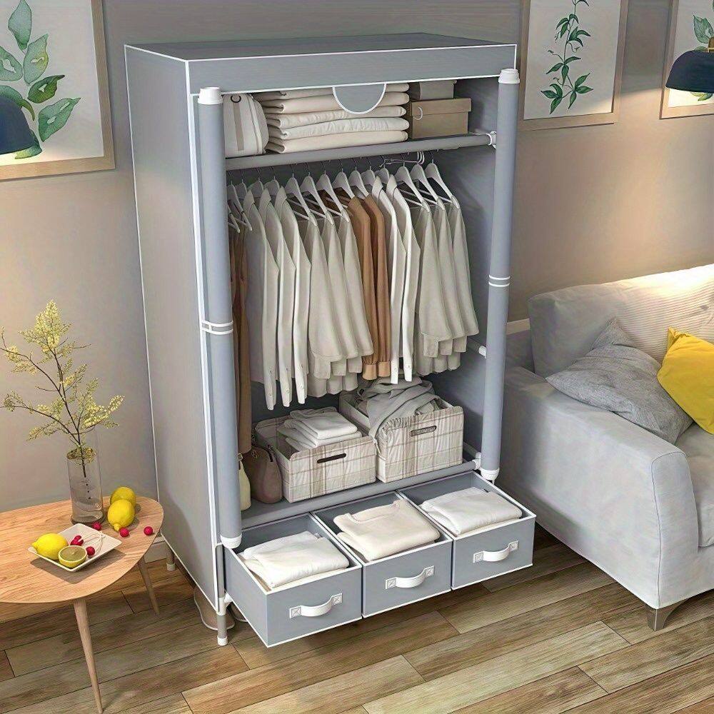Angle. Mirfee - Portable Wardrobe with Rolling Door & Hanging Rack - Lightweight, 3 Drawers, Curtain Design - 67x35x17 In, Gray - Gray.