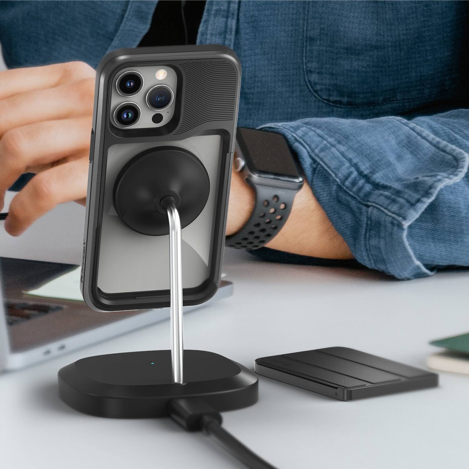 Angle. Vena - vCommuteX Wallet Case for Apple iPhone 15 Pro Max, Detachable Leather Cover Card Slot Holder Kickstand, Gray Black - Black.