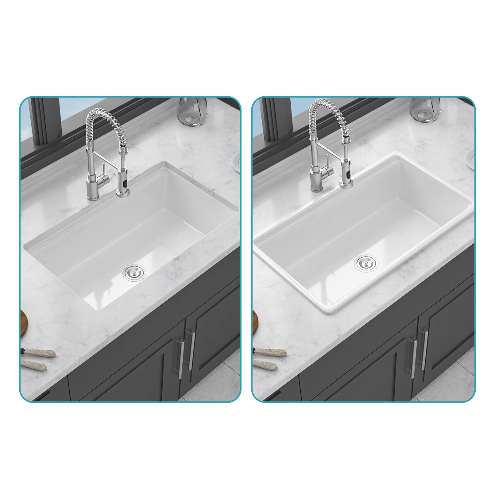 Alt View 2. Siljoy - Undermount White Kitchen Sink Workstation - 33x19x10 inch White Porcelain Ceramic Single Bowl Dual Mount Kitchen Sink - White.
