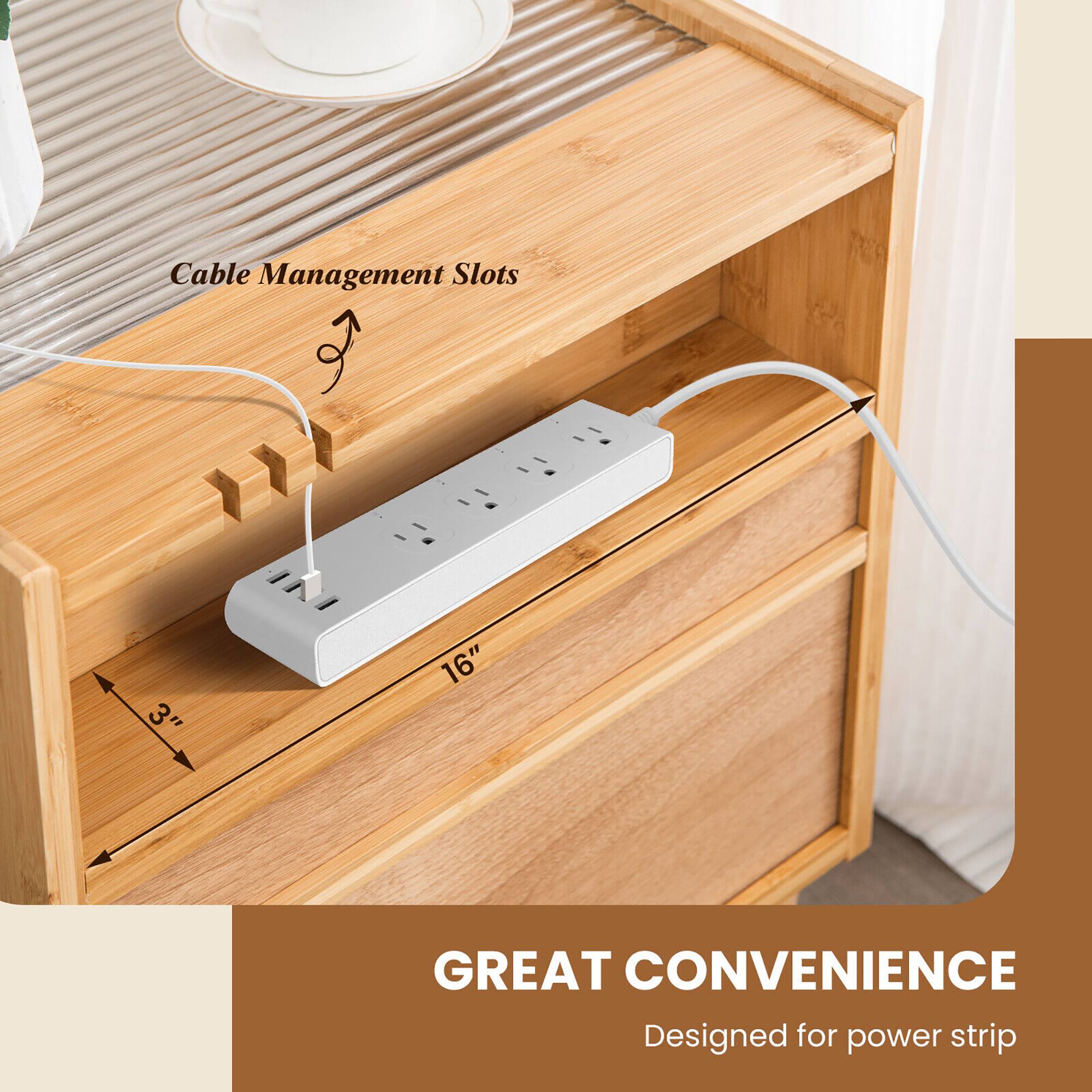 The text on the image reads: "Cable Management Slots 3" = 16" GREAT CONVENIENCE Designed for power strip."