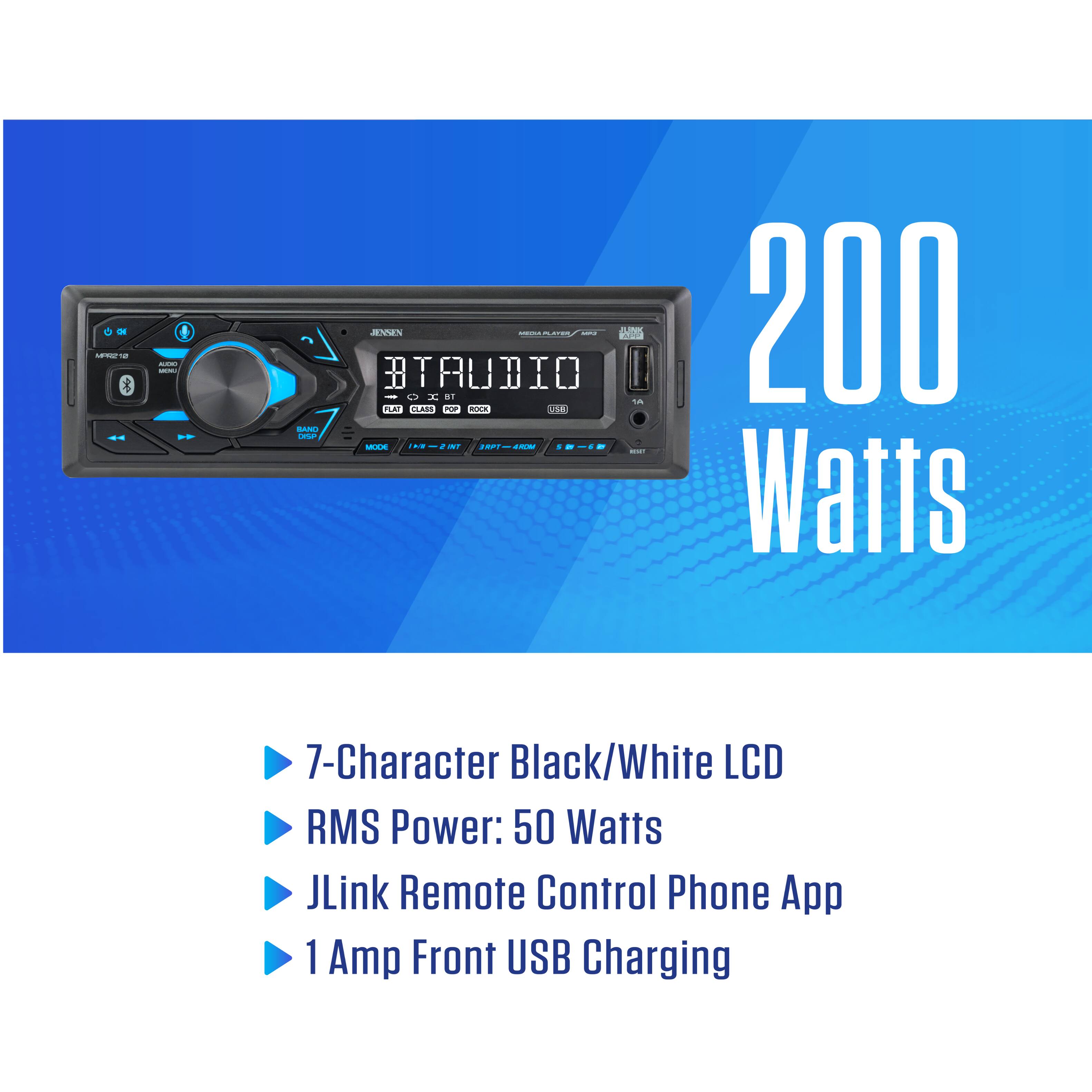 10-5021  
ALDO MDV.  
JENSEN SUPSIM PLAYER MPQ BTAUDIO I ST A PLAIT CLASS POP ROCK BAND DISP MODE BAI INT RPT-4RCM 5 SN-6H  
200 Watts  
7-Character Black/White LCD RMS Power: 50 Watts JLink Remote Control Phone App 1 Amp Front USB Charging