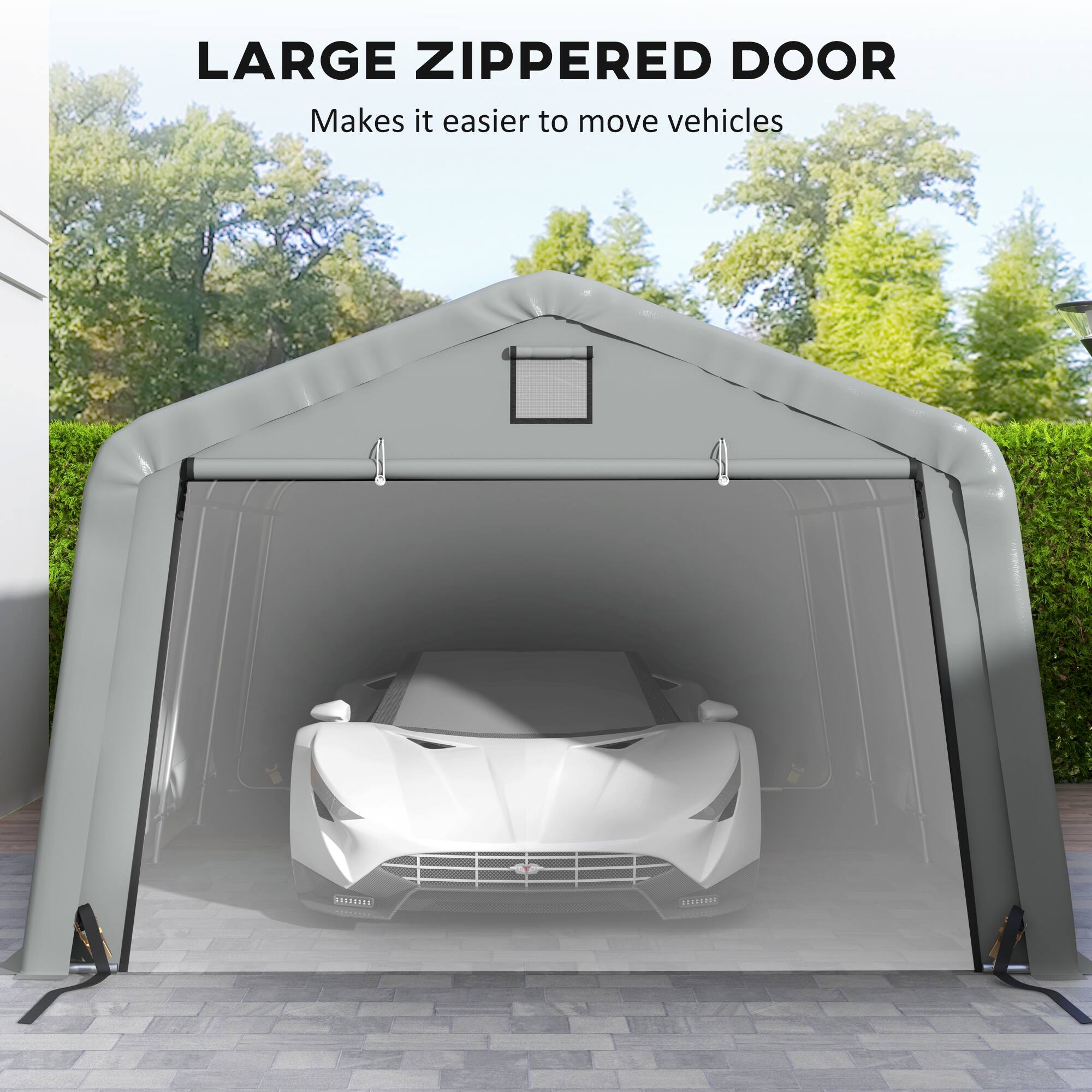 LARGE ZIPPERED DOOR  
Makes it easier to move vehicles