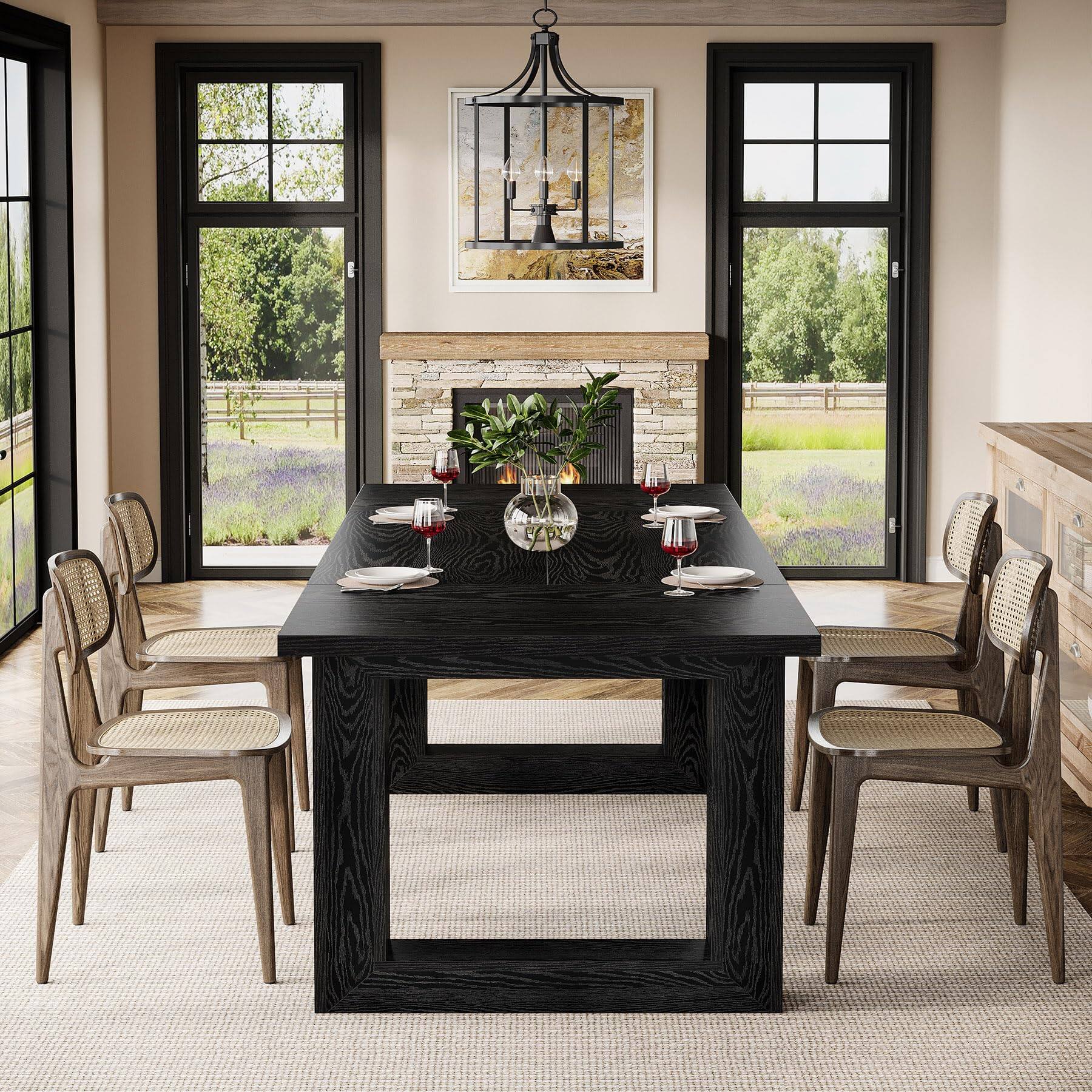 Back. Tribesigns - 63-Inch Dining Table, Modern Wood Kitchen Table，Black - Black.