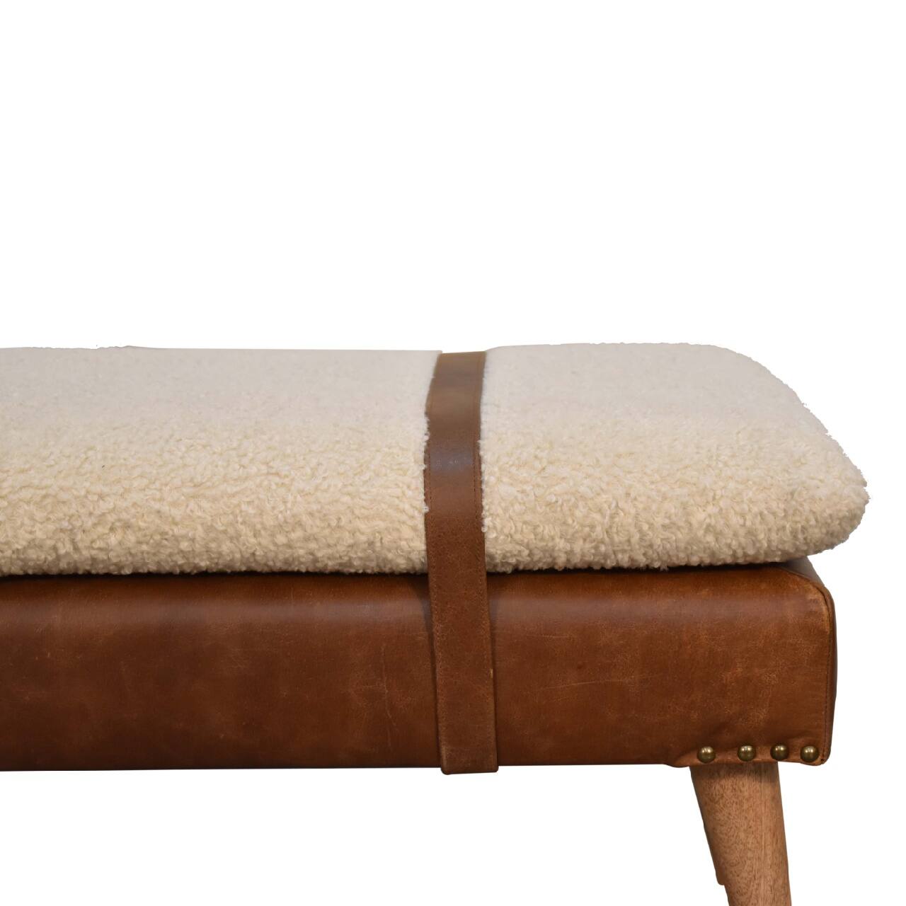 Alt View 2. Artisan Furniture - Artisan Furniture Solid Wood Boucle Buffalo Hide Leather Bench, Upholstered, Brown & Cream - Brown & Cream.