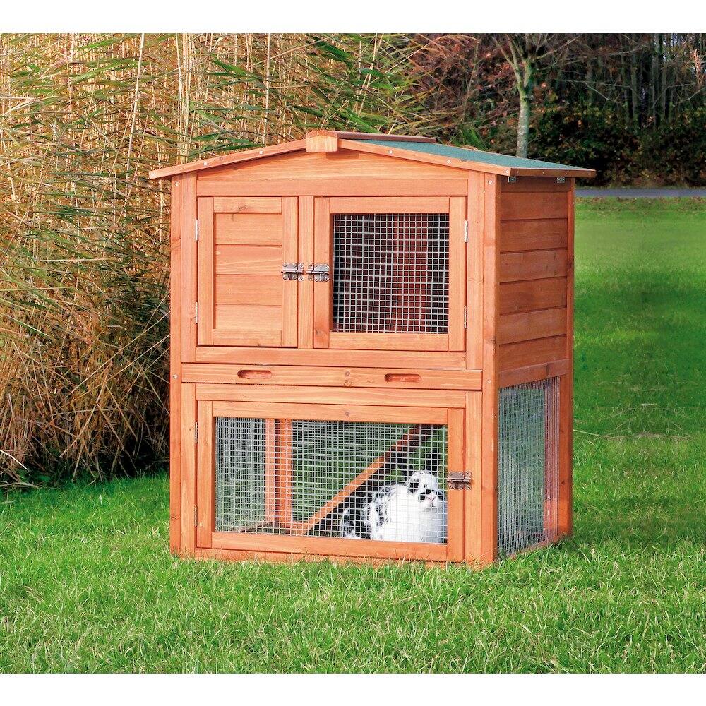 Angle. TRIXIE - Weatherproof Outdoor 2-Story Wooden Small Animal Hutch with Run & Pull-Out Tray - Brown.
