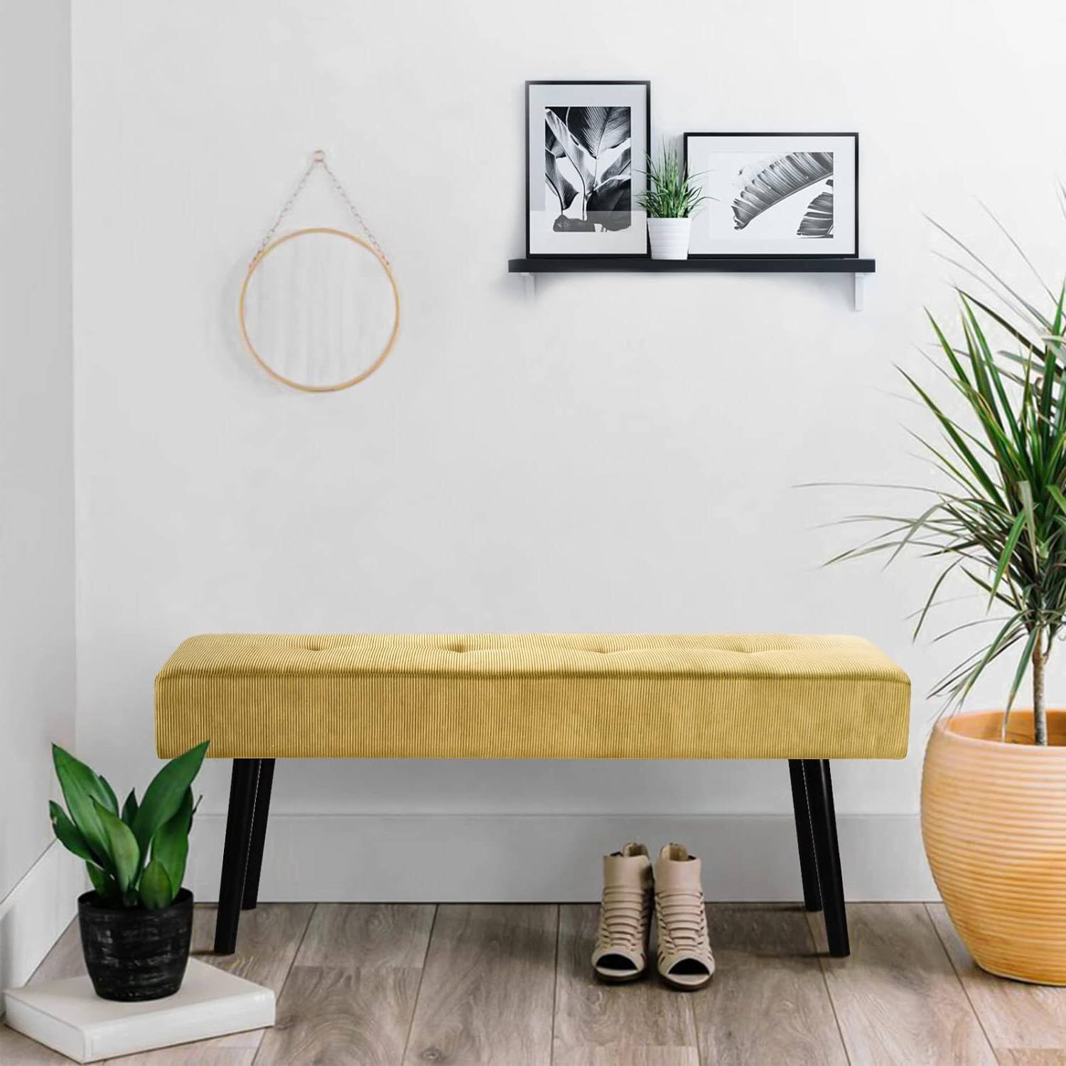 Left. Hivvago - Modern Corduroy Upholstered End of Bed Bench with Metal Legs - Yellow, Black.
