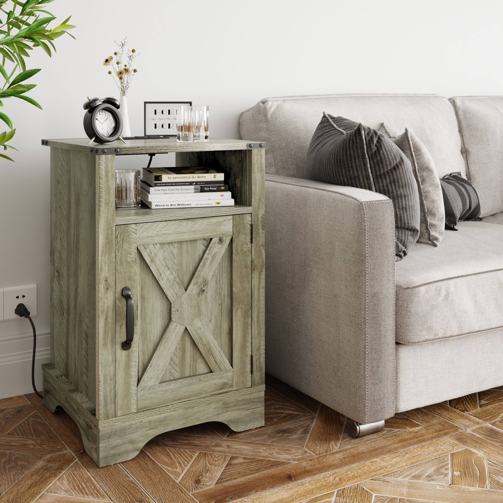 Alt View 5. RoyalCraft - RoyalCraft Farmhouse Nightstand, Bedroom Table with Charging Station, Light Grey - Light Grey.