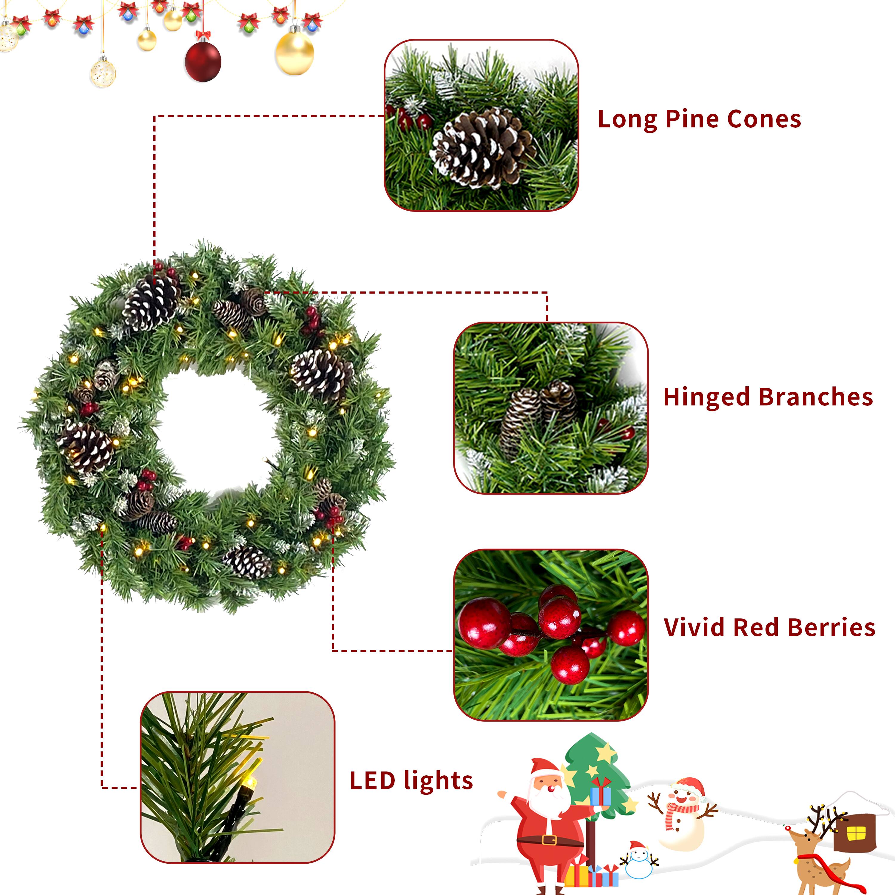 - Long Pine Cones
- Hinged Branches
- Vivid Red Berries
- LED lights