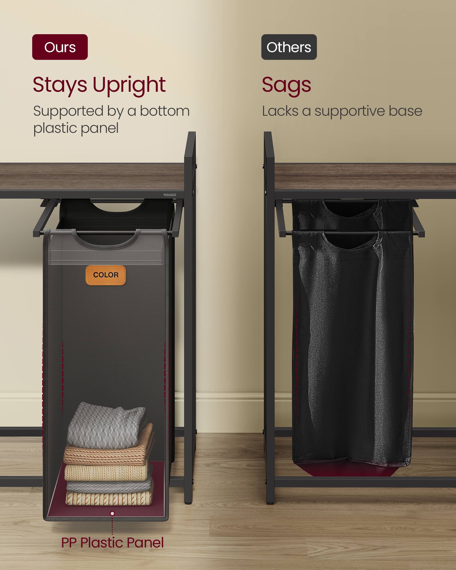 Ours Stays Upright Supported by a bottom plastic panel

Others Sags Lacks a supportive base

MAN COLOR

PP Plastic Panel