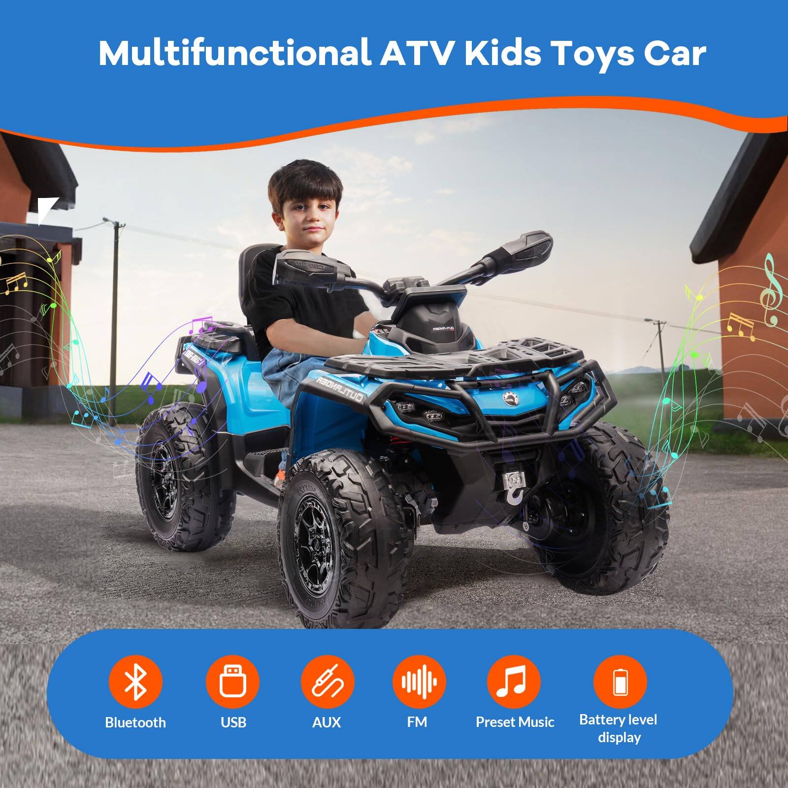 Multifunctional ATV Kids Toys Car

- Bluetooth
- USB
- AUX
- FM
- Preset Music
- Battery level display