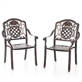 Costway - 2 PCS Patio Cast Aluminum Chairs Outdoor Metal Armchairs with Ergonomic Curved Seat - Red Copper