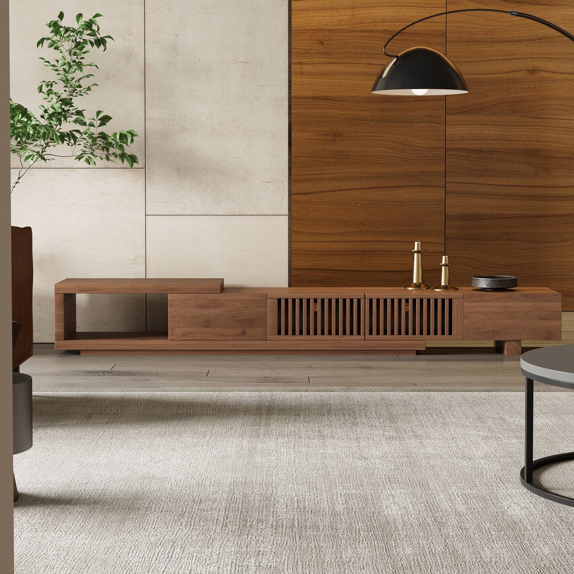 Angle. luck idea - 78.54" Extendable TV stand, and Media Console & Entertainment Centers with Large Storage Space - Walnut color.