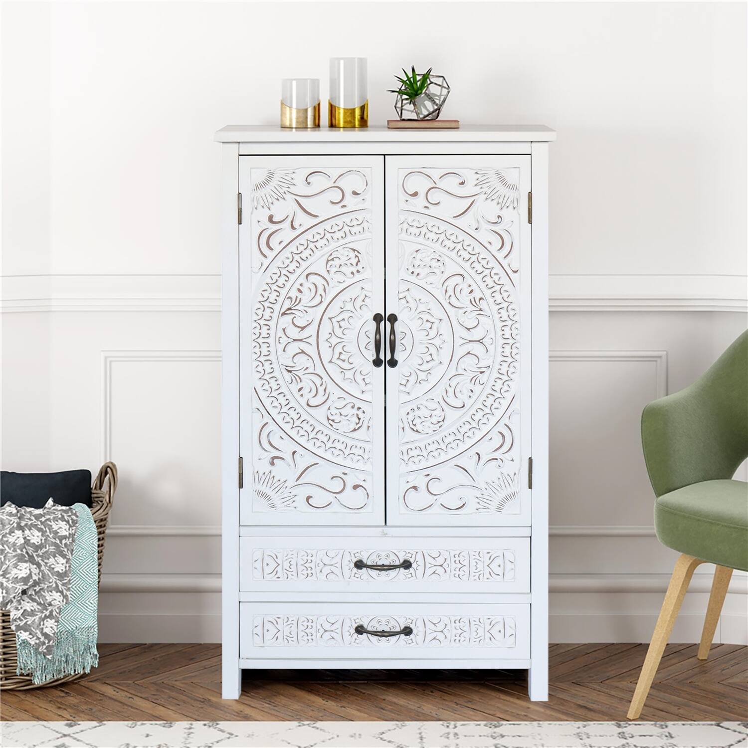 Front. Lirago - Accent Cabinet with Doors and Drawers Tall Tower Storage Cabinet in White 15.33"D x 26.77"W x 48.23"H - White.