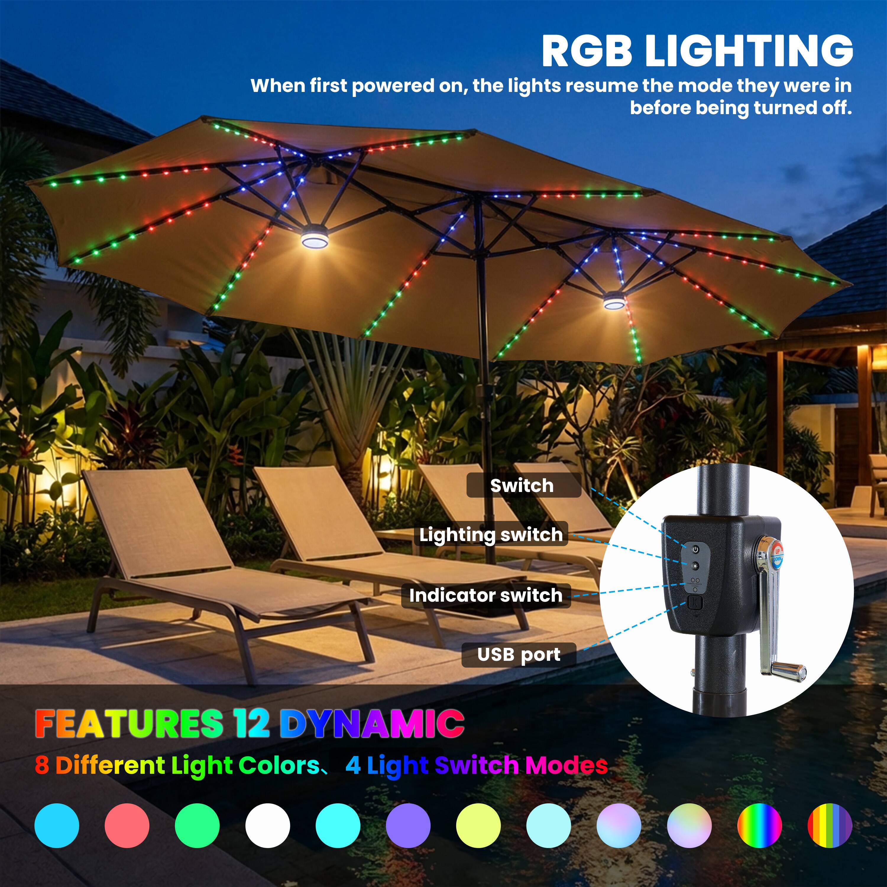 RGB LIGHTING  
When first powered on, the lights resume the mode they were in before being turned off.

FEATURES  
12 DYNAMIC  
8 Different Light Colors  
4 Light Switch Modes

Switch  
Lighting switch  
Indicator switch  
USB port