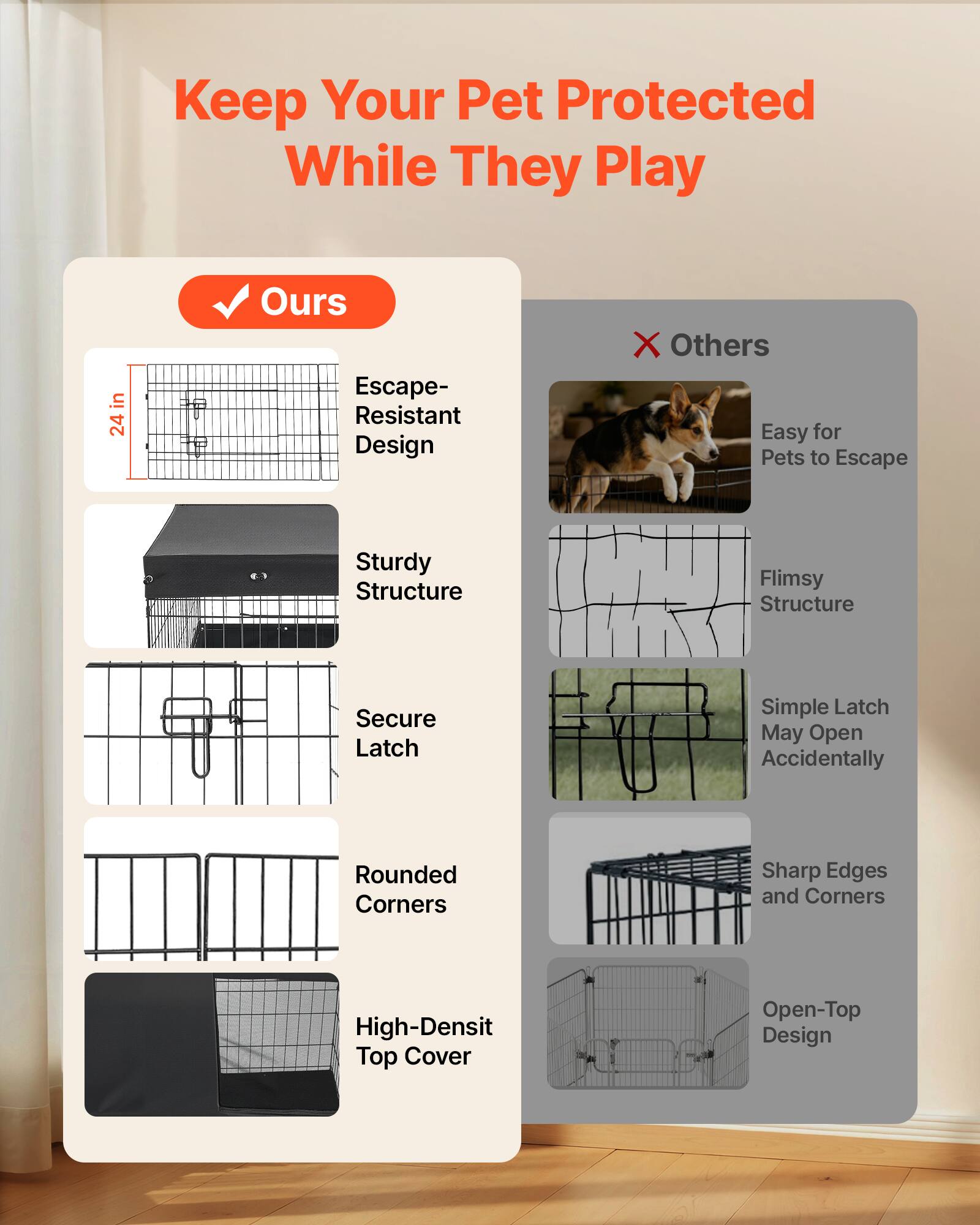 Keep Your Pet Protected While They Play

24 in

Ours
- Escape-Resistant Design
- Sturdy Structure
- Secure Latch
- Rounded Corners
- High-Density Top Cover

Others
- Easy for Pets to Escape
- Flimsy Structure
- Simple Latch May Open Accidentally
- Sharp Edges and Corners
- Open-Top Design