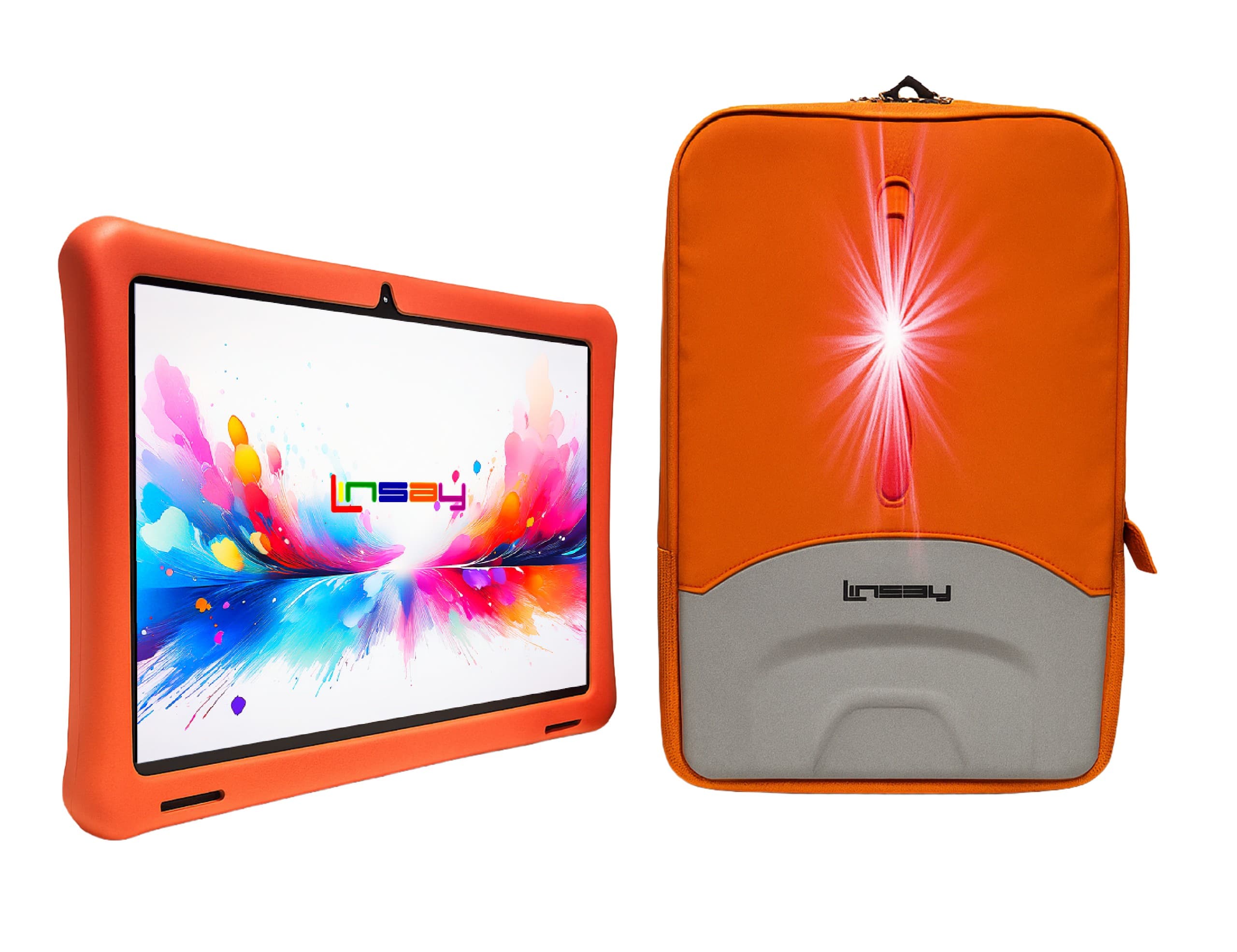 LINSAY - 10.1"Octa Core 256GB Storage Android 15 Tablet with Red Kids Defender Case and LED Backpack - Orange