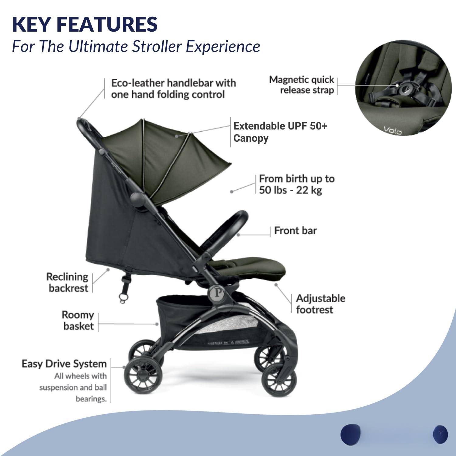 KEY FEATURES  
For The Ultimate Stroller Experience  

- Eco-leather handlebar with one hand folding control  
- Magnetic quick release strap  
- Extendable UPF 50+ Canopy  
- From birth up to 50 lbs - 22 kg  
- Front bar  
- Reclining backrest  
- Roomy basket  
- Adjustable footrest  
- Easy Drive System  
  - All wheels with suspension and ball bearings.