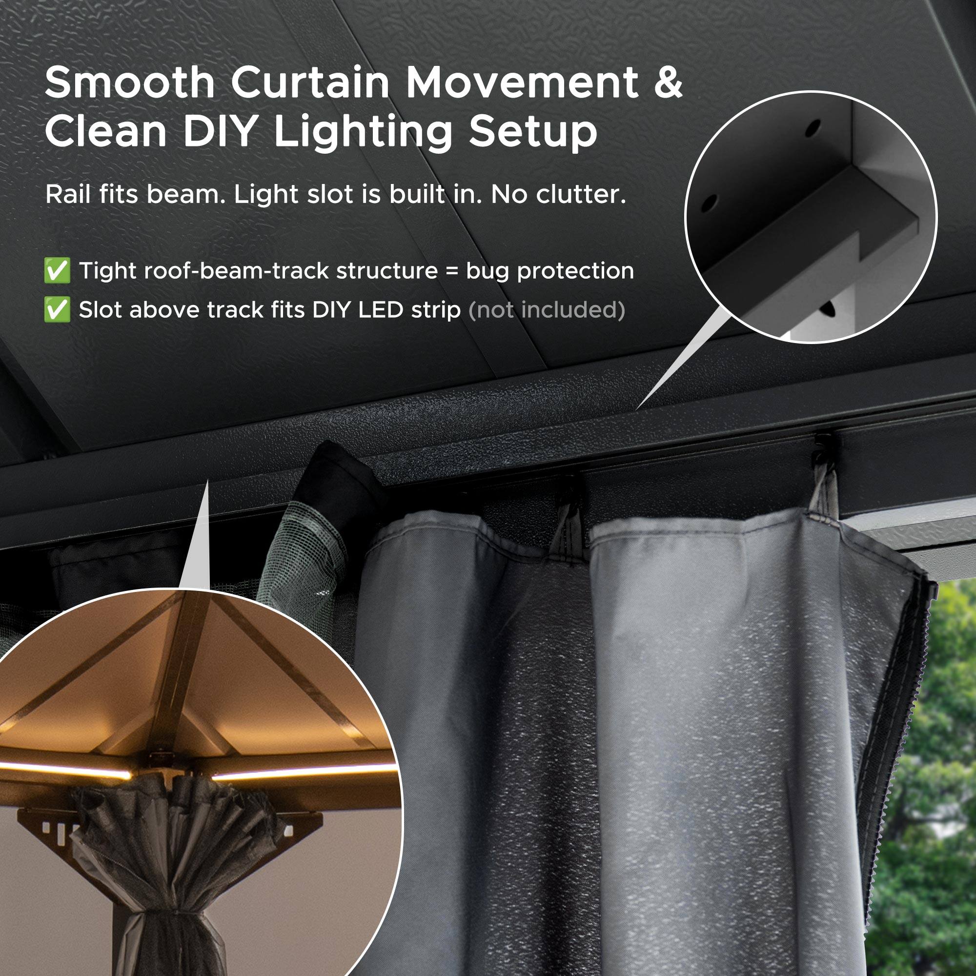 Smooth Curtain Movement & Clean DIY Lighting Setup

Rail fits beam. Light slot is built in. No clutter.

- Tight roof-beam-track structure = bug protection
- Slot above track fits DIY LED strip (not included)