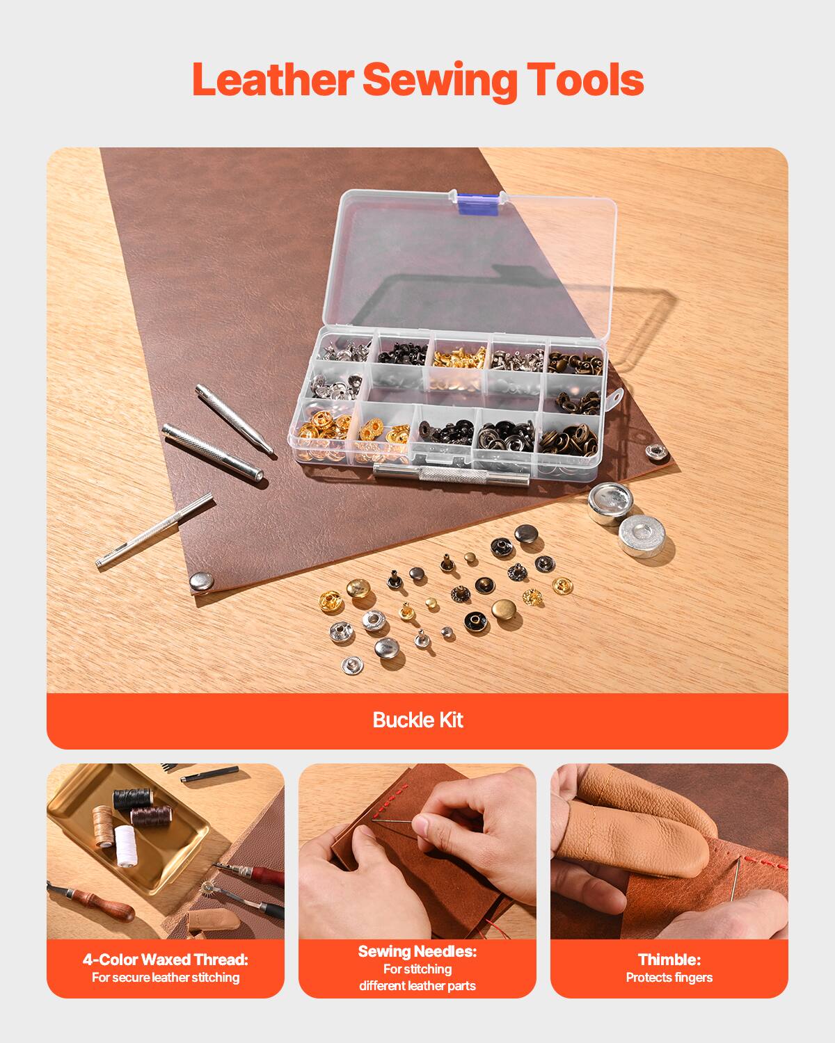 Leather Sewing Tools

Buckle Kit

4-Color Waxed Thread:
For secure leather stitching

Sewing Needles:
For stitching different leather parts

Thimble:
Protects fingers