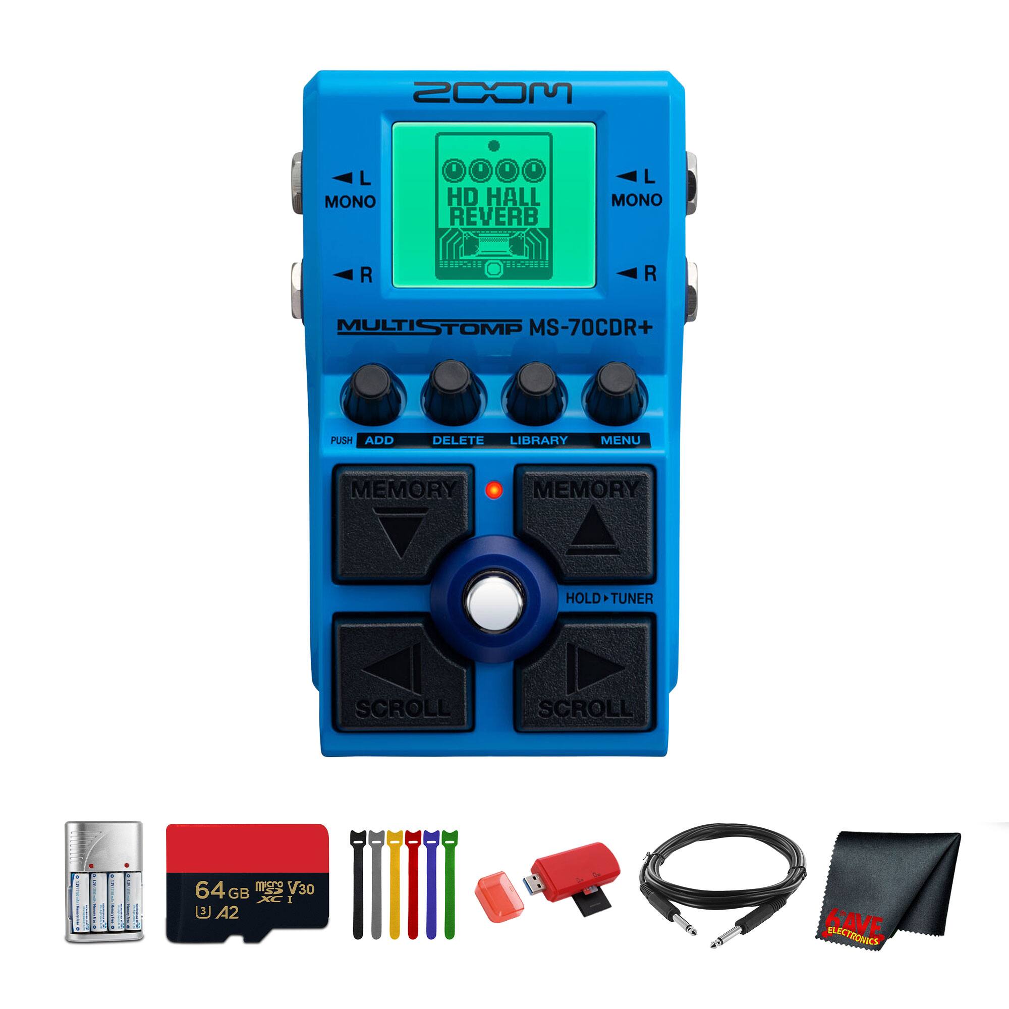 ZOOM  
MULTISTOMP MS-70CDR+  
HD HALL REVERB  
PUSH ADD DELETE LIBRARY MENU MEMORY MEMORY HOLD TUNER SCROLL SCROLL  
64 GB mes V30 XC1 A2 KAVE ELECTRONICS