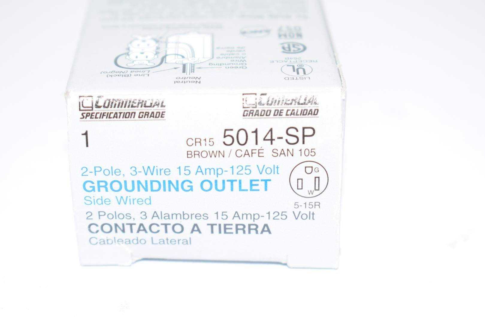 (Negro) Linea (Black) Line SP Re9c Wire RECEPTACLE Grounding OO Green YL Neutro LISTED Neutral COMmERCIAL CuierianL SPECIFICATION GRADE GRADO DE CALIDAD 1 CR15 5014-SP BROWN /CAF / SAN 105 2-Pole, 3-Wire 15 Amp-125 Volt OG GROUNDING OUTLET W Side Wired 5-15R 2 Polos, 3 Alambres 15 Amp-125 Volt CONTACTO A TIERRA Cableado Lateral