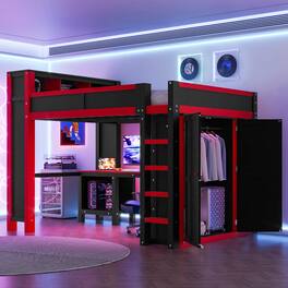 Whisen - Queen Gaming Loft Bed with Desk, Wardrobe, and Storage Headboard, Space-Saving Workstation - Red|Black