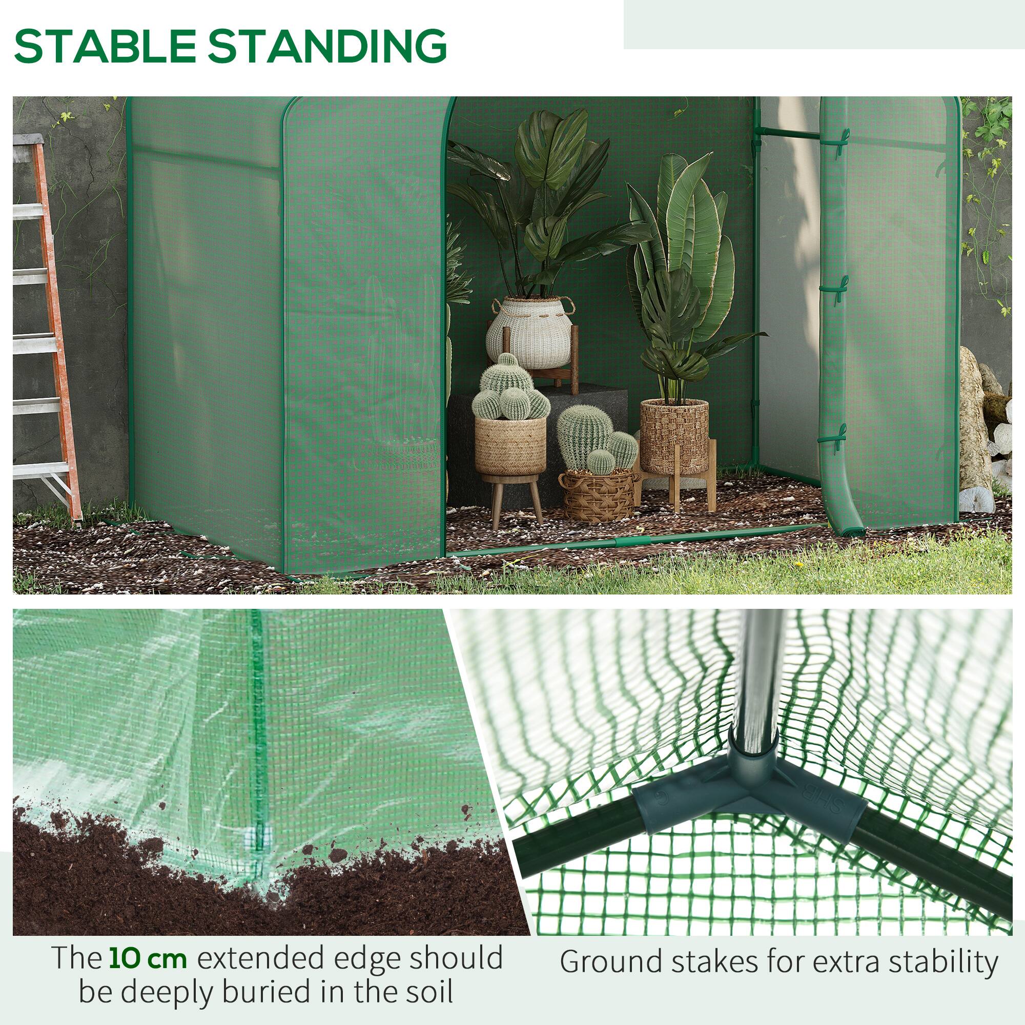STABLE STANDING

The 10 cm extended edge should be deeply buried in the soil

Ground stakes for extra stability