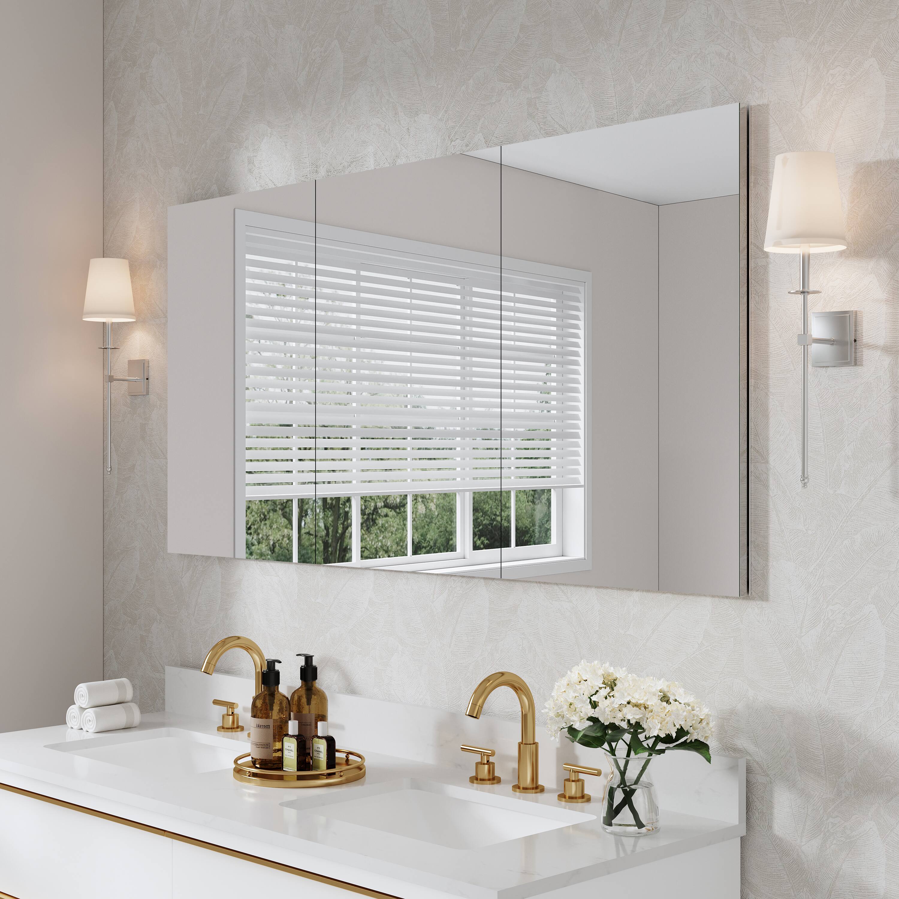 Left. WELLFOR - 60 in. W x 30 in. H Rectangular Recessed/Surface Mount Medicine Cabinet with Mirror - Silver.