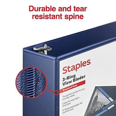 Durable and tear resistant spine

Staples
3-Ring View Binder
Standard Duty

The perfect binder for your everyday needs
Easy to open
2 tabs for easy organization
D-Rings keep pages flat and secure
Fits more