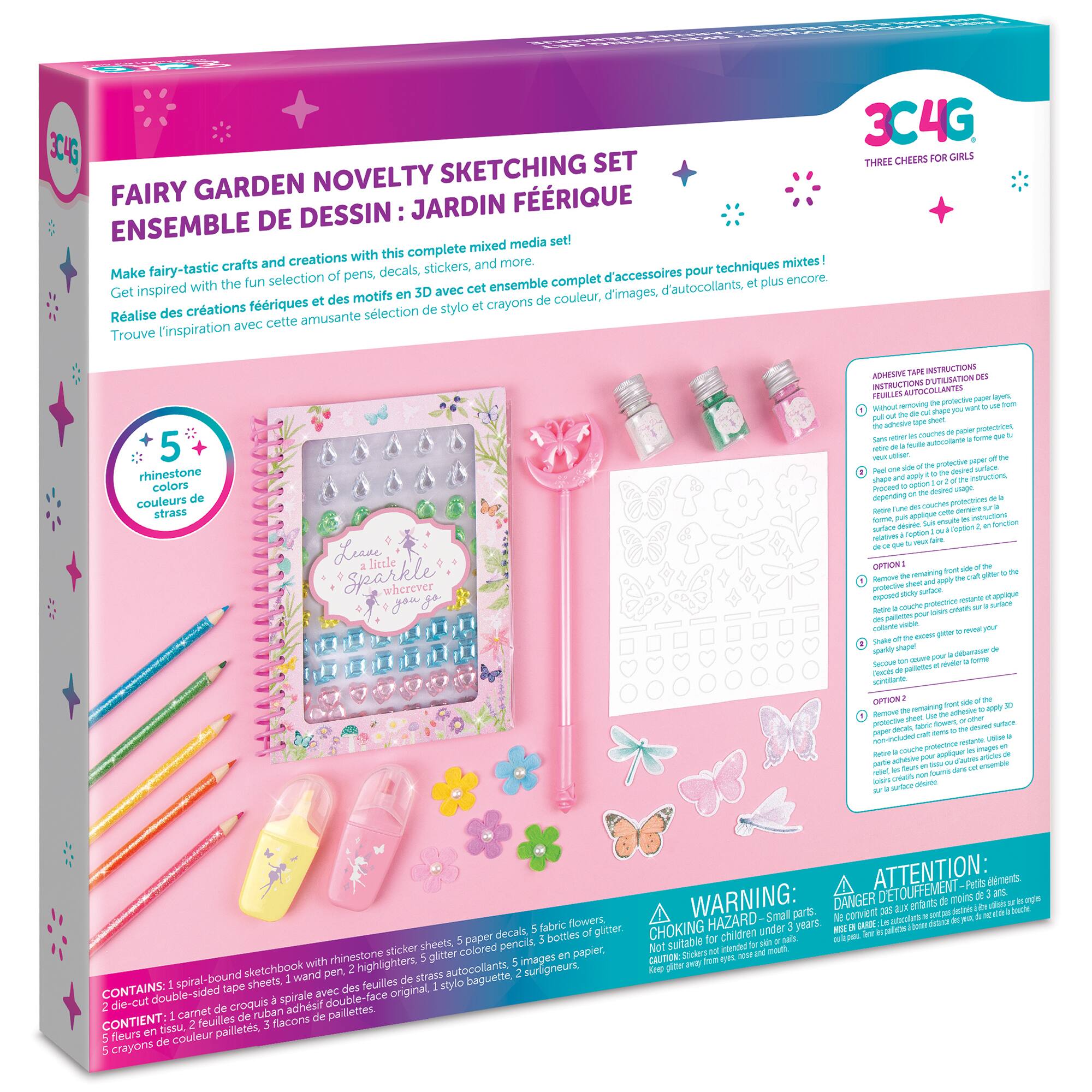 3C4G 3C4G SET THREE CHEERS GIRLS NOVELTY SKETCHING FAIRY GARDEN FRIQUE DE DESSIN JARDIN ENSEMBLE set! mixed media creations with this complete crafts and stickers, and more. techniques mixtes! Make fairy-tastic selection peris, decals, d'accessoires pour encore with the fun cet ensemble complet d'autocollants, plus Get inspired des motifs 3D avec couleur, d'images. des crations friques slection de stylo crayons Ralise cette amusante l'inspiration avec Trouve + 5 rhinestone colors couleurs strass Leane little Sparkl wherever ADHESVE INSTRUCTIONS INSTRUCTIONS D'UTILISATION Tu AUTOCOLLANTES - potectoe WInod wEVEn -ei caue - proete nututum Poceed ption dusuedic prncyins coTe o - -tt hogion su OPTION Rae roling poect - eemer - roteice - eraante sy Aoa paneten scineatante OPTION - remaeing APOR prosctie Ntun prNtce n Ken mneraie ATTENTION: dereents WARNING: DANGER D'ETOUFFEMENT  mpins Smal parts. convent a MOW flowers, HAZARD years. DARDE Mn decals f