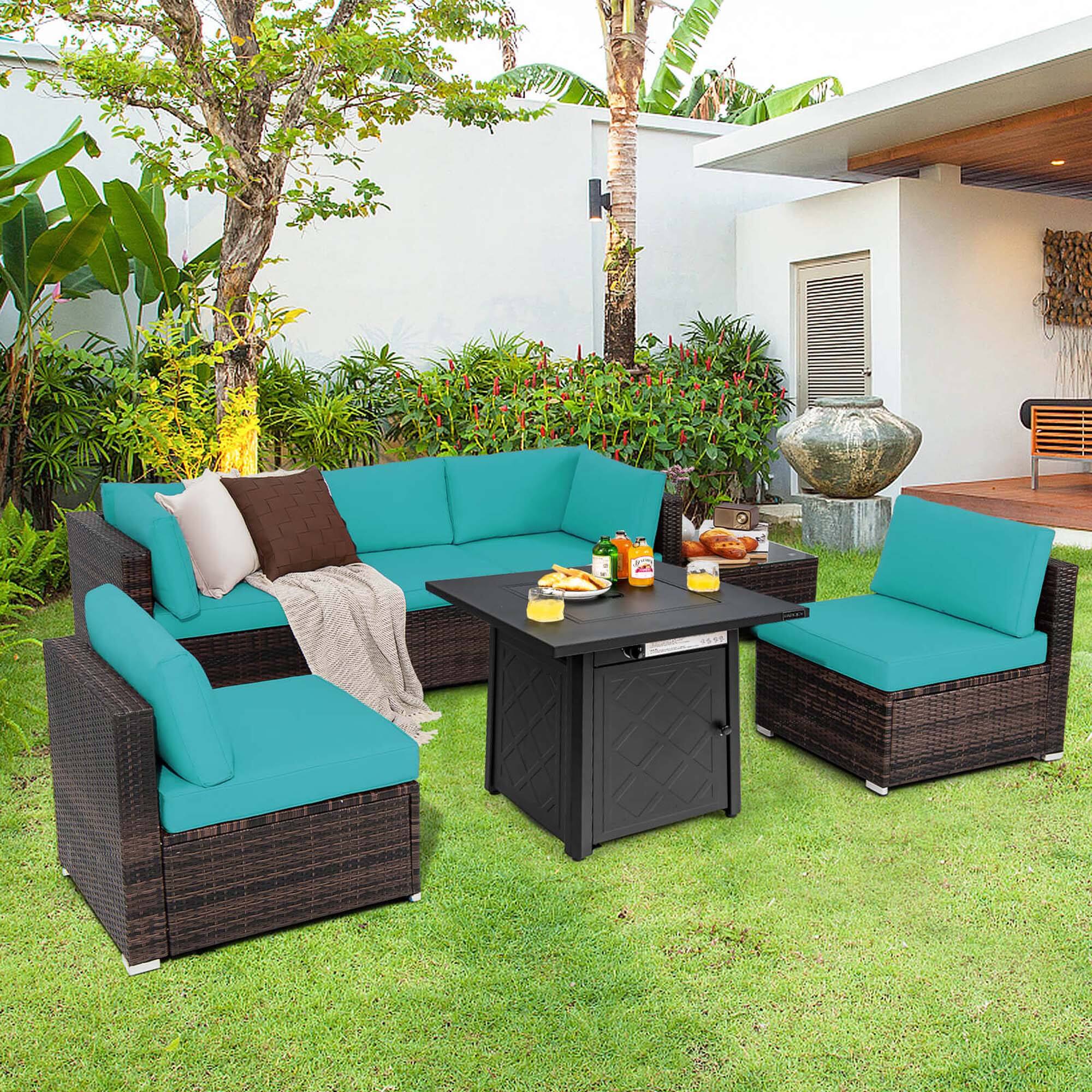 Alt View 3. Costway - 7 PCS Patio Furniture Set with 28" 50000 BTU Propane Gas Fire Pit Table Cushions - Turquoise.