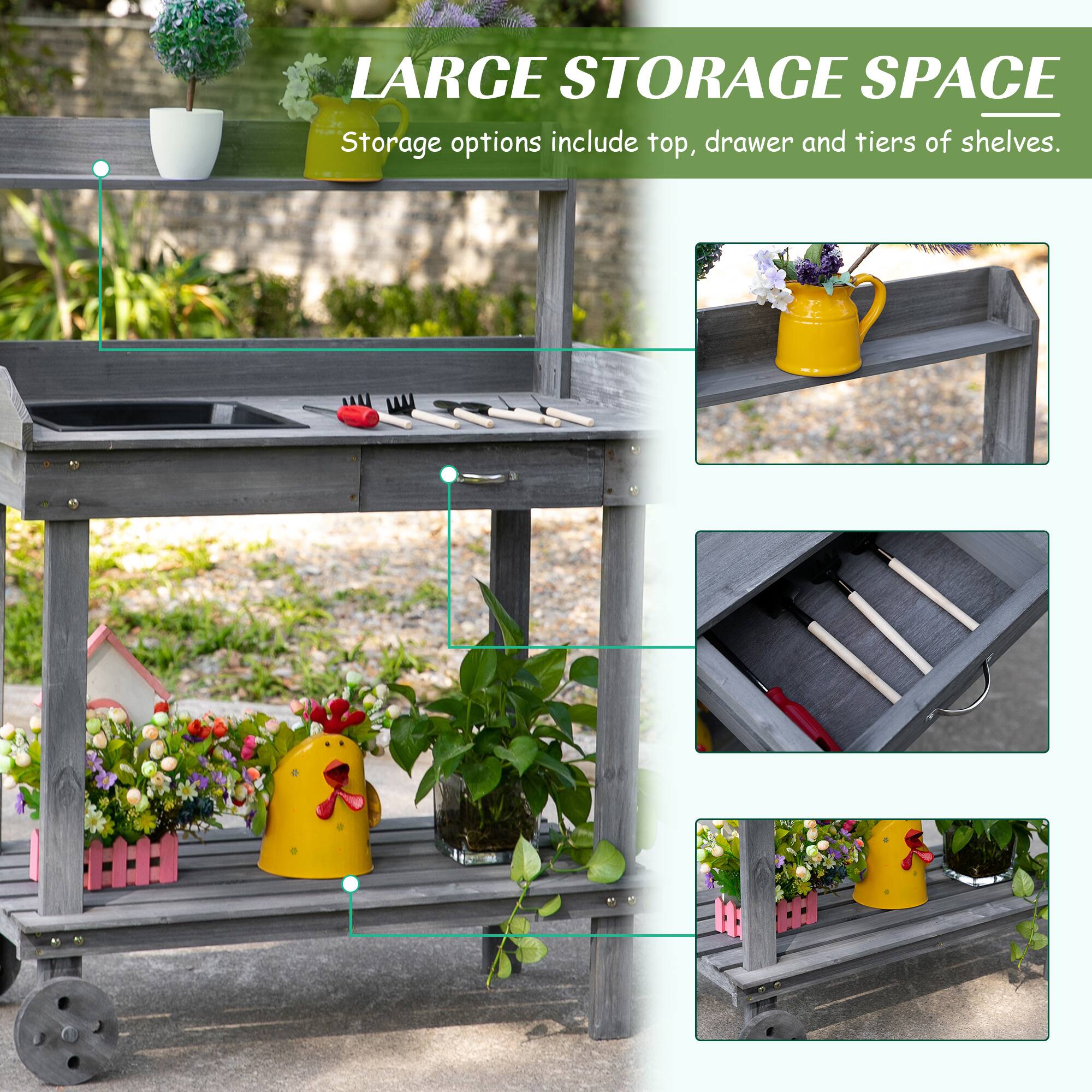 LARGE STORAGE SPACE Storage options include top, drawer and tiers of shelves.