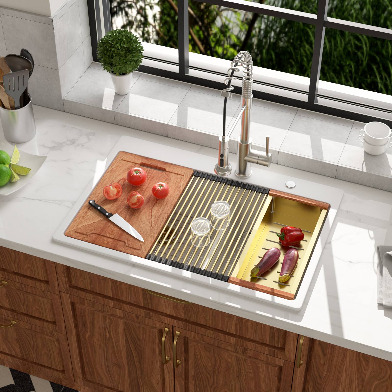 Left. Lordear - 33x22x10 Inch White Granite Composite Workstation kitchen Sink Low Divide 60/40 Double Bowl Quartz Drop In Kitchen Sink - White.