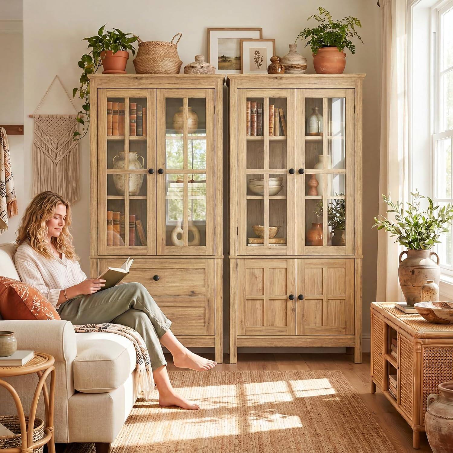 Aheaplus 63'' Tall Farmhouse Pantry Storage Cabinet 2 Piece Set ...