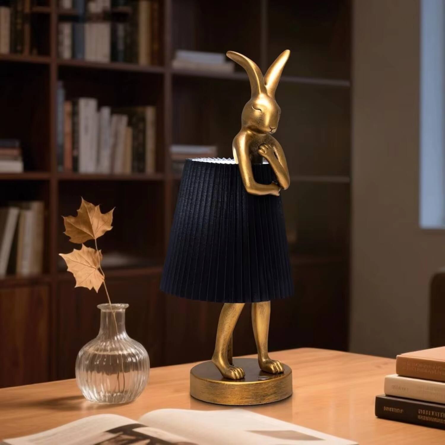 Left. Luckbyte - Rabbit LED Table Lamp Gold Resin Base Linen Shade Rechargeable Dimmable Night Light for Kids Bedroom Nursery - Black.