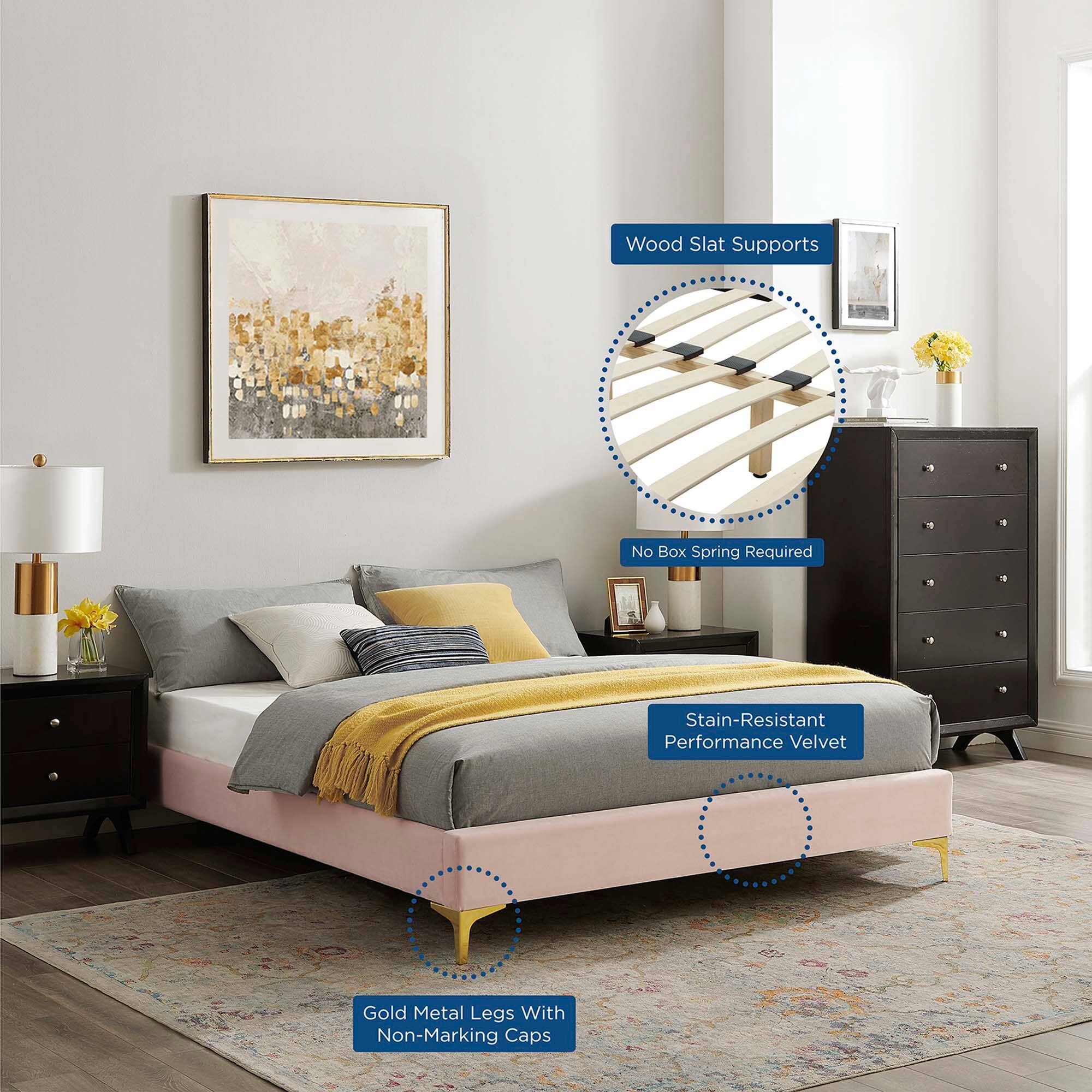 - Wood Slat Supports
- No Box Spring Required
- Stain-Resistant Performance Velvet
- Gold Metal Legs With Non-Marking Caps