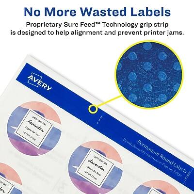 No More Wasted Labels  
Proprietary Sure Feed™ Technology grip strip is designed to help alignment and prevent printer jams.

AVERY  
LAMINATED ON BOTH SIDES  
Lavender  
100% WET STRENGTH  
Permanent Round Pop-up Labels  
Bend along Permanent line to remove labels.