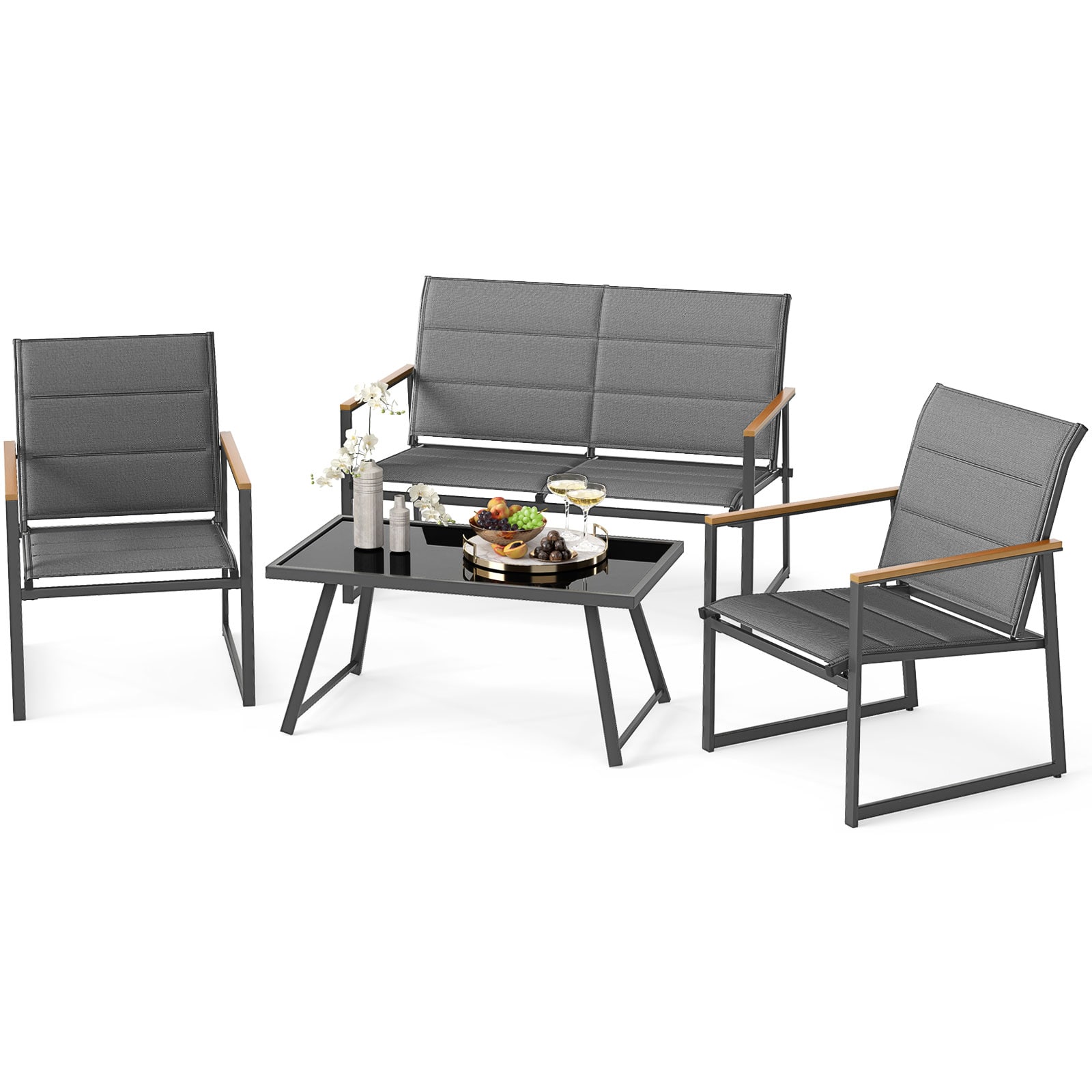 Gymax - 4 Piece Patio Furniture Set Outdoor Metal Conversation Set w/ Padded Fabric Seat - Gray