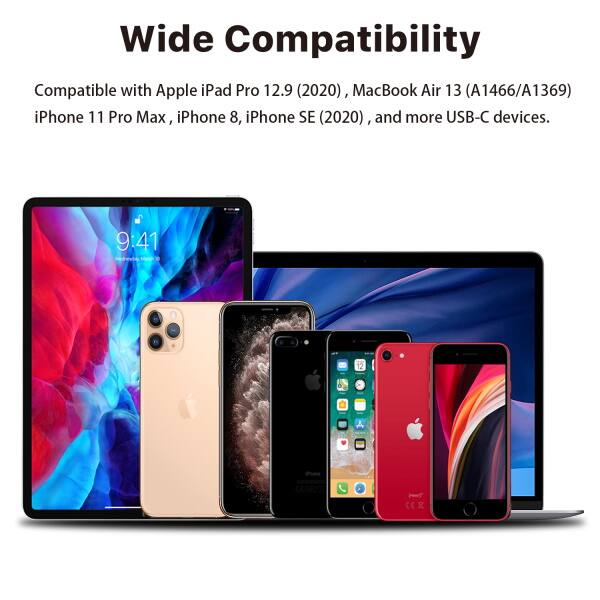 Wide Compatibility Compatible with Apple iPad Pro 12.9 (2020), MacBook Air 13 (A1466/A1369), iPhone 11 Pro Max, iPhone 8, iPhone SE (2020), and more USB-C devices.