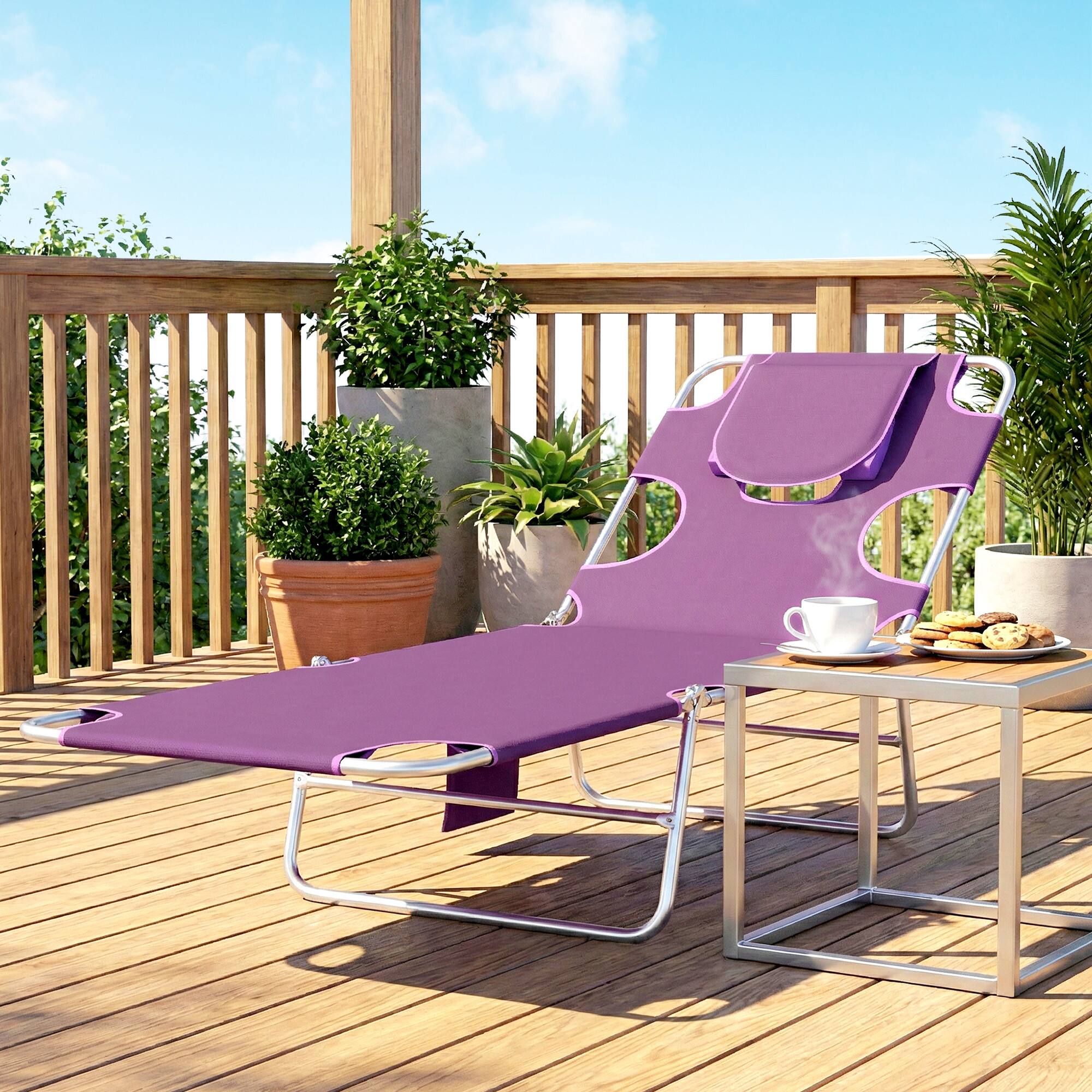 Alt View 1. Outsunny - Chair with Face Hole, 5-Level Adjustable Outdoor Chaise Lounge Chair with Pillow for Beach - Purple.