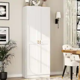 Aheaplus - 80" Tall Arched Storage Cabinet: 4-Door 6-Tier Wooden Pantry w/Adjustable Shelves, Wall-Fit for Home/Office/Kitchen - White