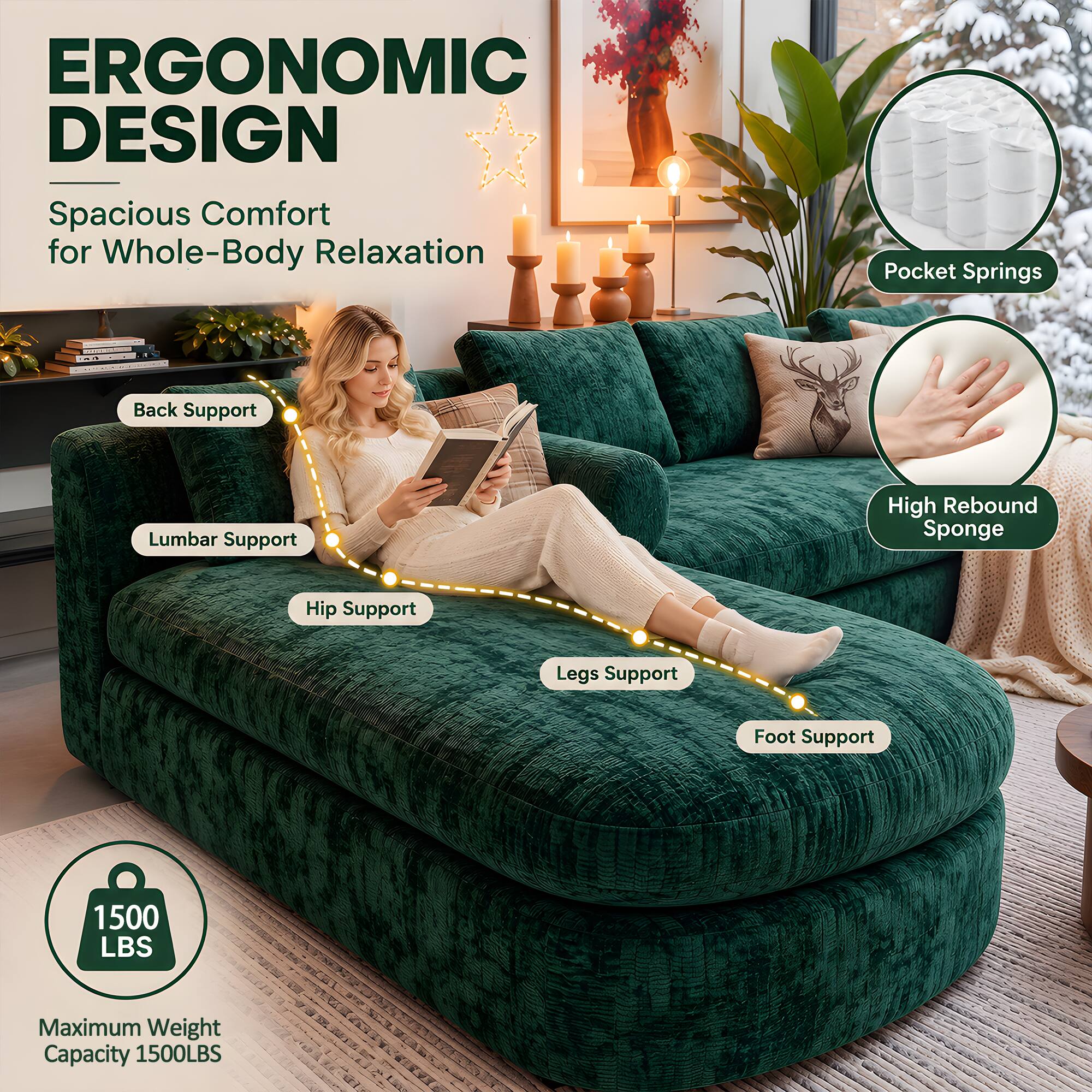 ERGONOMIC DESIGN  
Spacious Comfort for Whole-Body Relaxation

- Pocket Springs
- Back Support
- Lumbar Support
- High Rebound Sponge
- Hip Support
- Legs Support
- Foot Support

1500 LBS  
Maximum Weight Capacity 1500LBS