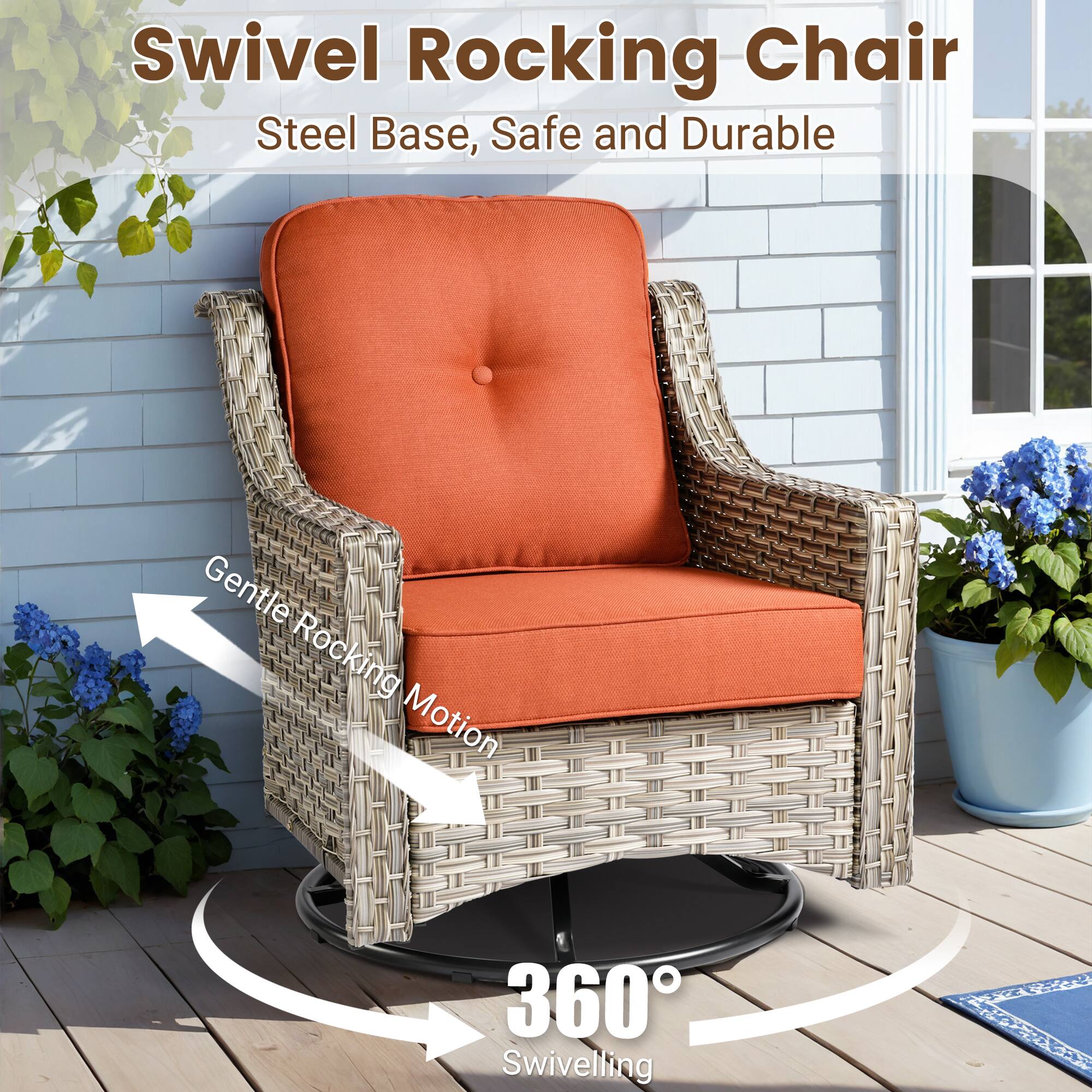 Swivel Rocking Chair  
Steel Base, Safe and Durable  

Gentle Rocking Motion  

360° Swiveling